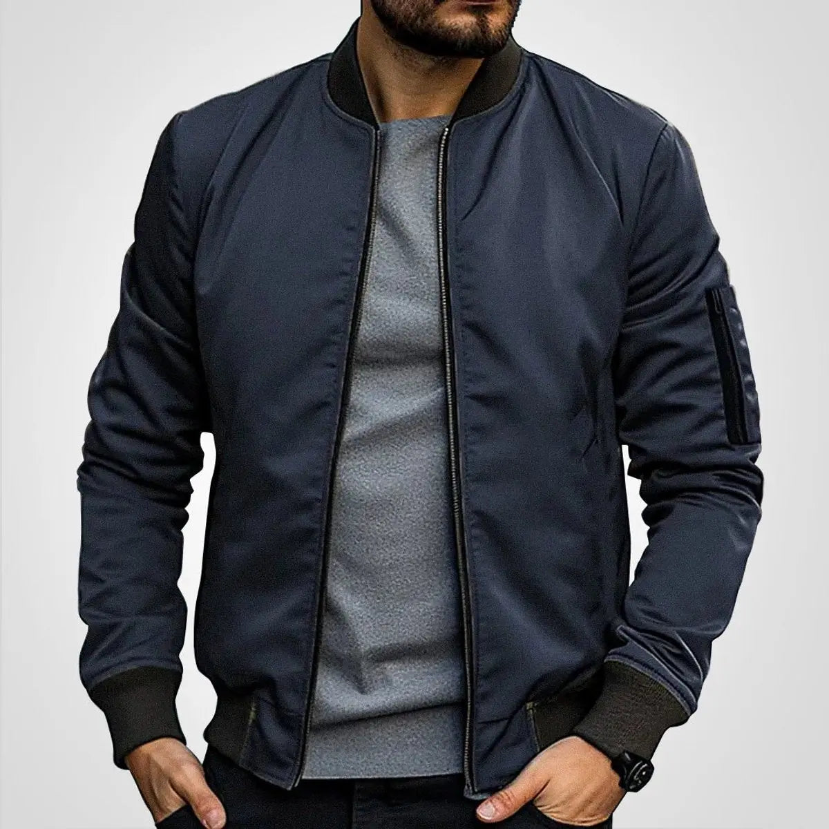 Chaqueta bomber clásica para hombre, con cierre, cuello acanalado y estilo de aviador