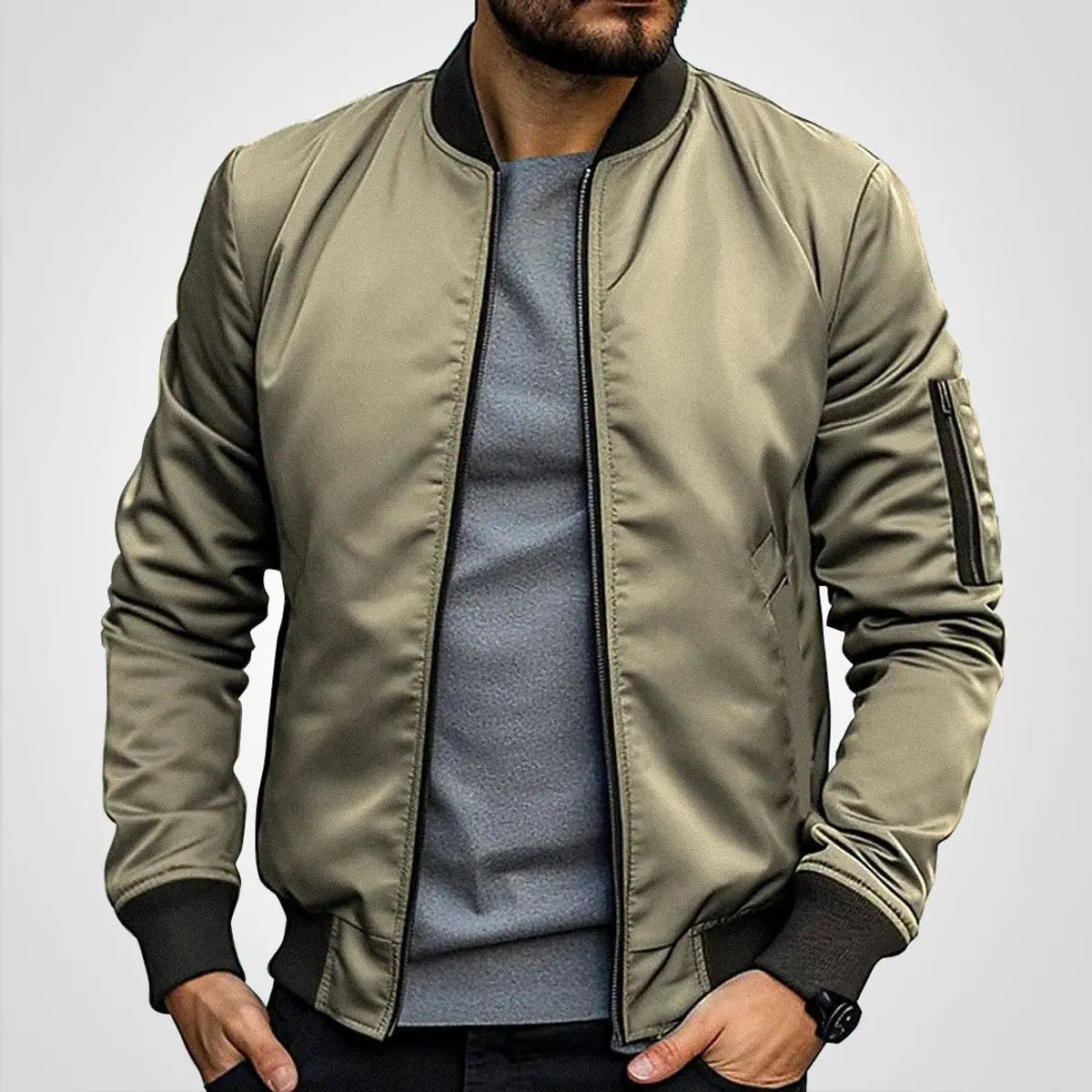 Chaqueta bomber clásica para hombre, con cierre, cuello acanalado y estilo de aviador