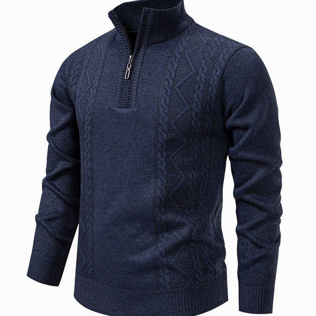 Jersey de punto trenzado para hombre, con medio cierre y cuello alto