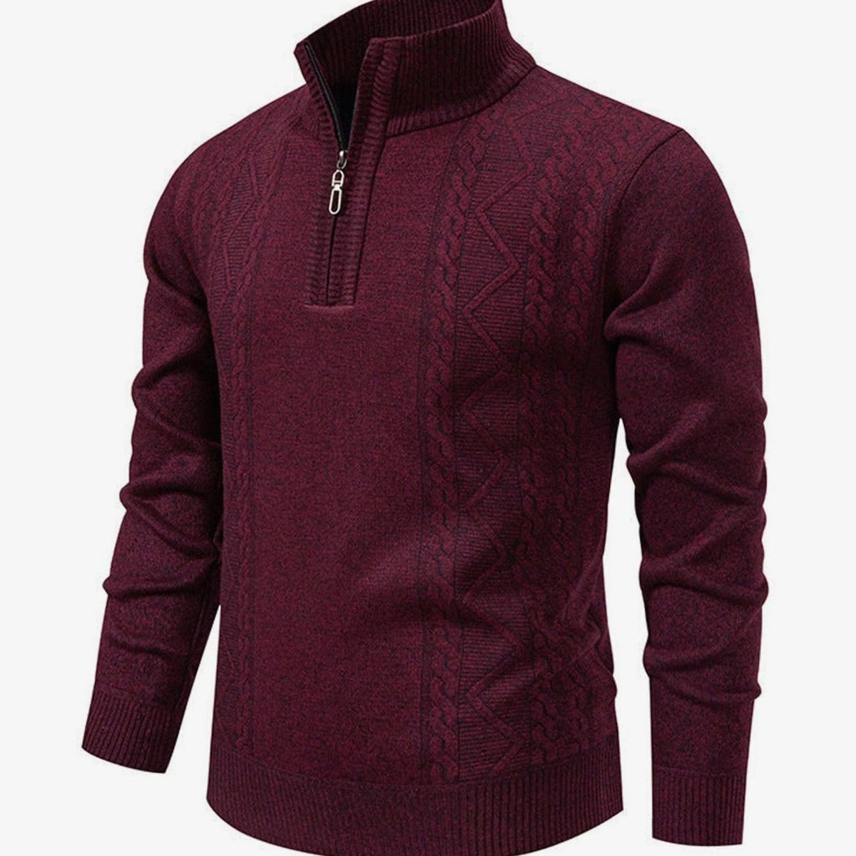 Jersey de punto trenzado para hombre, con medio cierre y cuello alto