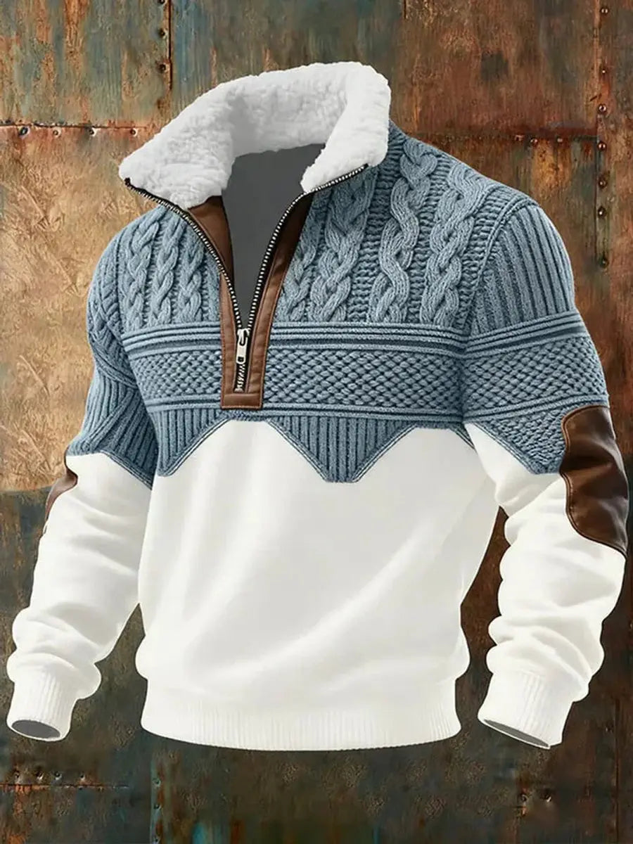 Jersey de punto trenzado para hombre, con medio cierre y cuello de forro polar