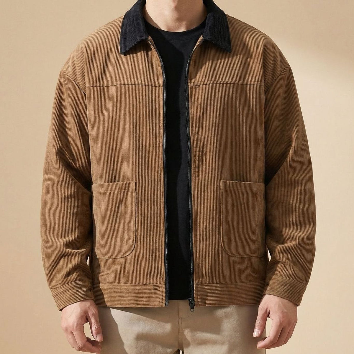 Chaqueta Harrington de pana para hombre, con cuello en contraste y cierre completo