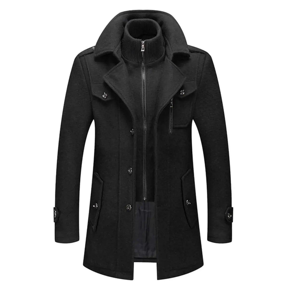 Abrigo de invierno de doble capa para hombre, mezcla de lana y cuello de punto