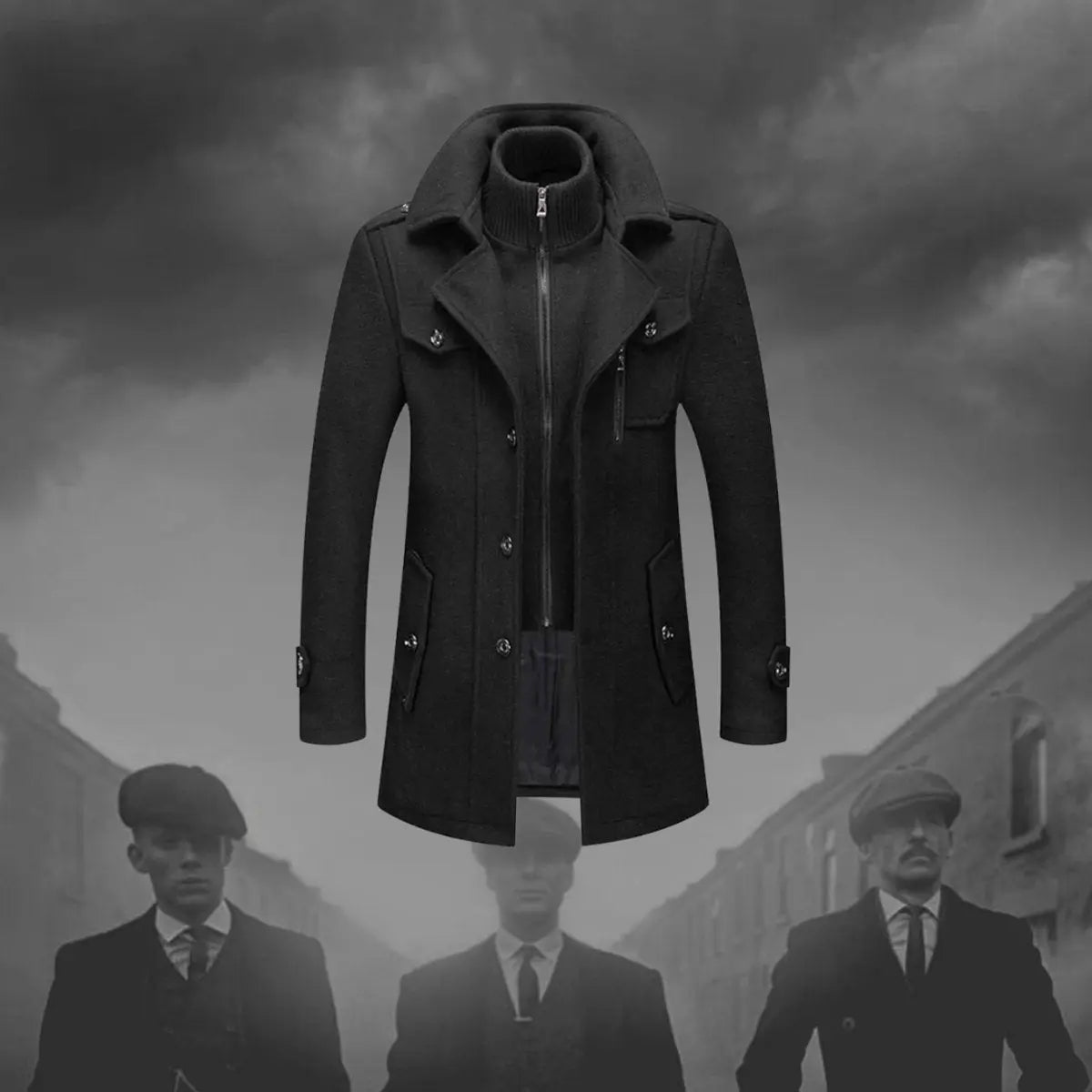 Abrigo de invierno de doble capa para hombre, mezcla de lana y cuello de punto