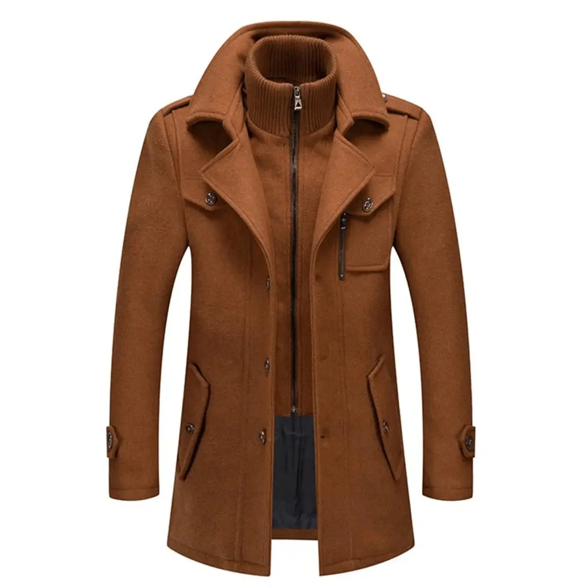 Abrigo de invierno de doble capa para hombre, mezcla de lana y cuello de punto