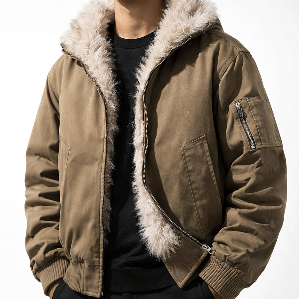 Chaqueta bomber cortavientos para hombre con forro de pelo sintético y cierre