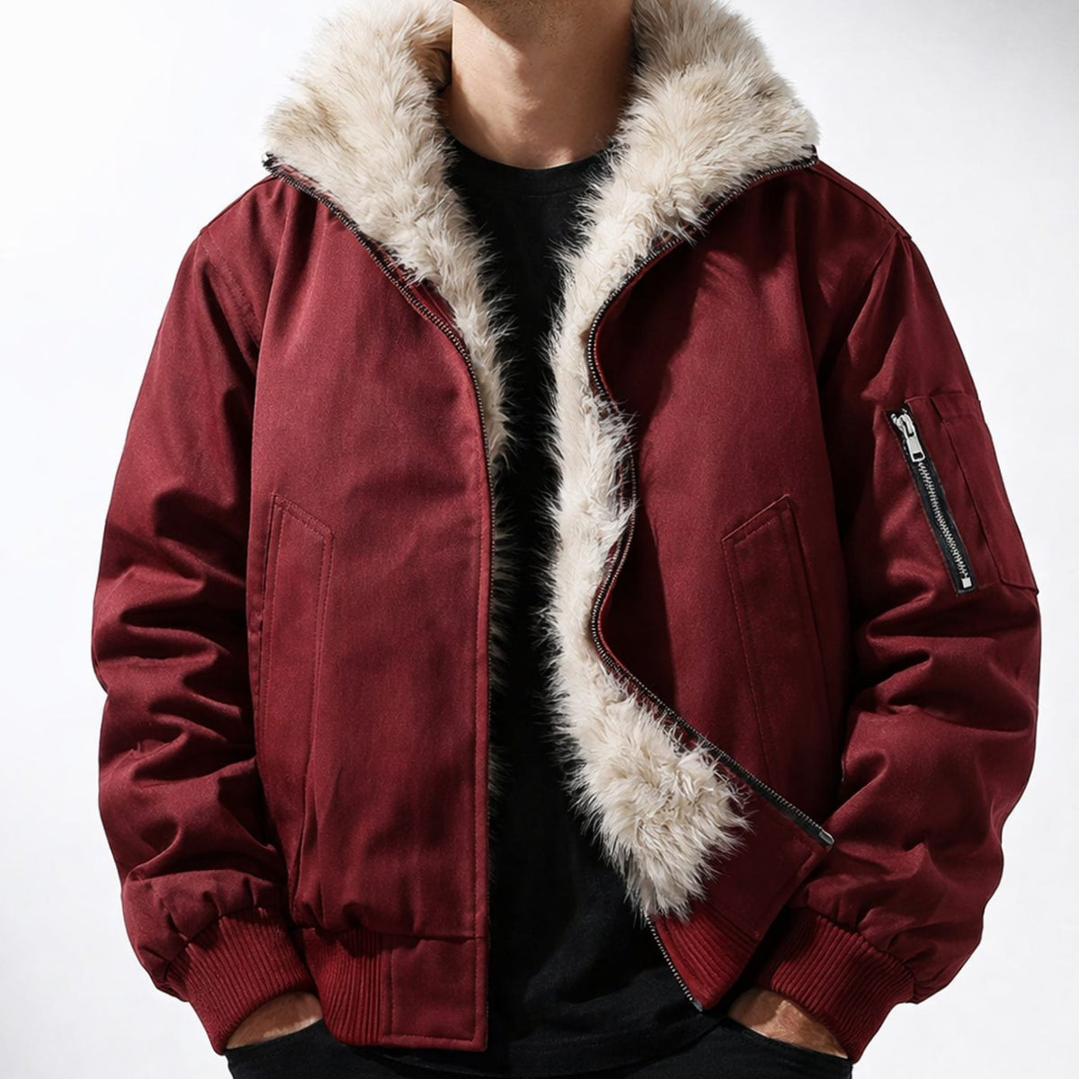 Chaqueta bomber cortavientos para hombre con forro de pelo sintético y cierre