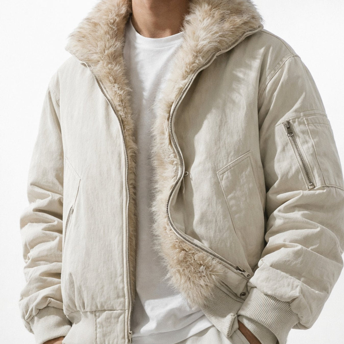 Chaqueta bomber cortavientos para hombre con forro de pelo sintético y cierre
