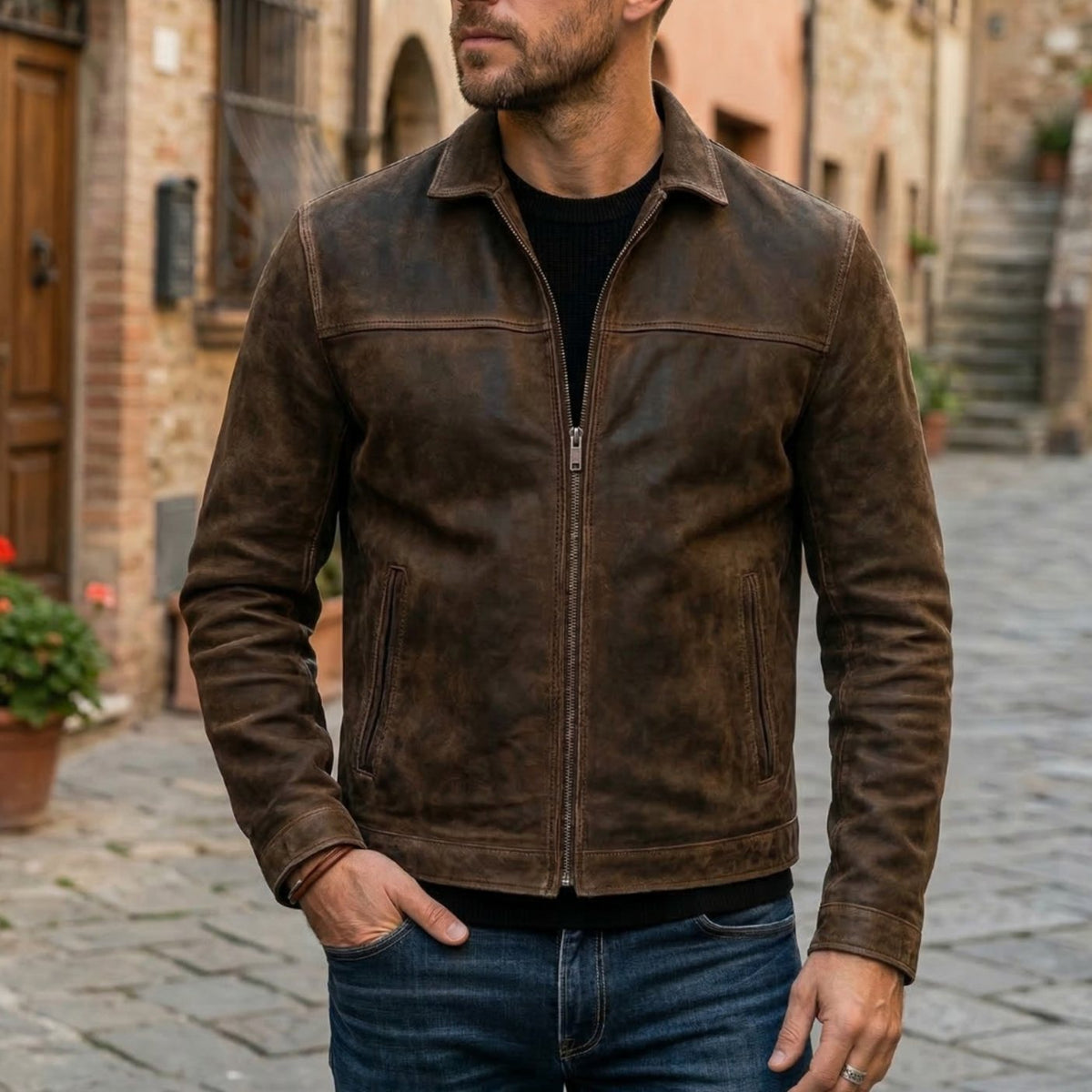 Chaqueta de cuero entallada para hombre con cierre completo y cuello estructurado