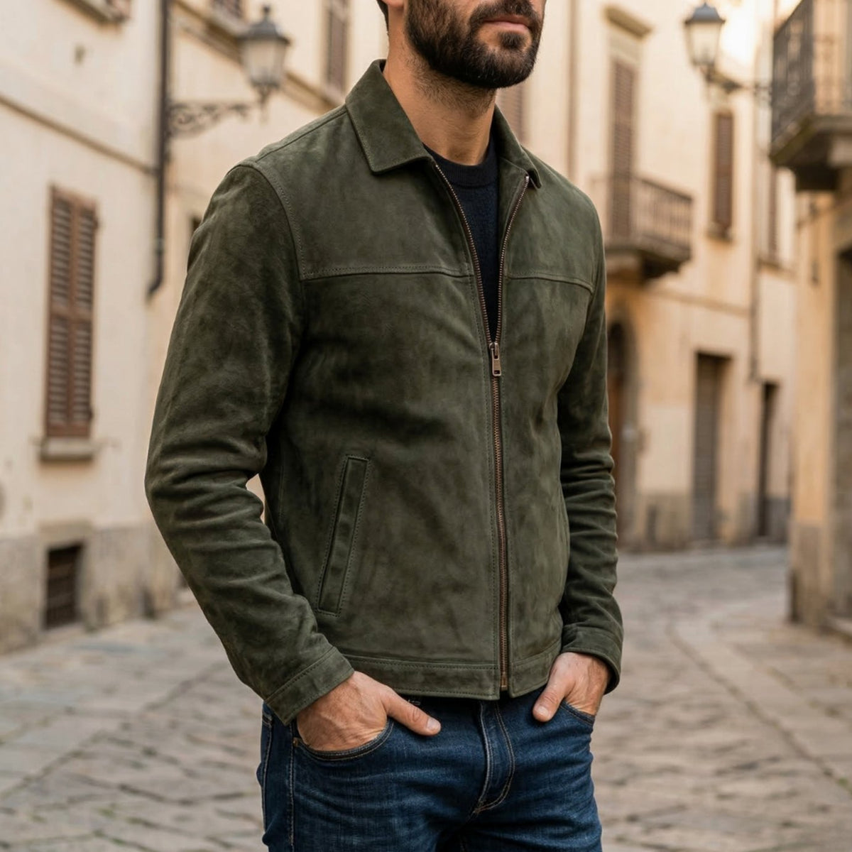 Chaqueta de cuero entallada para hombre con cierre completo y cuello estructurado
