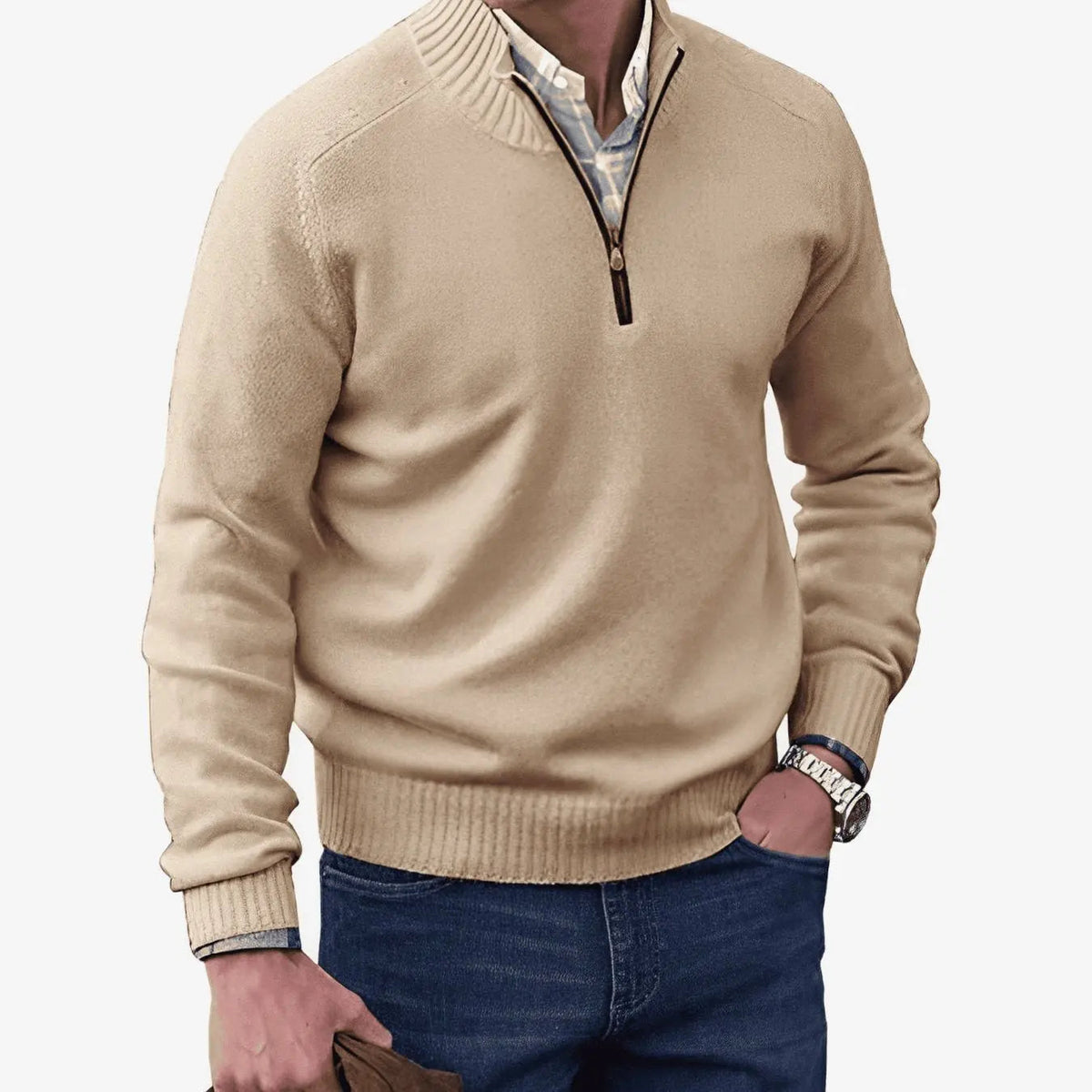 Jersey de punto para hombre con medio cierre, cuello de canalé