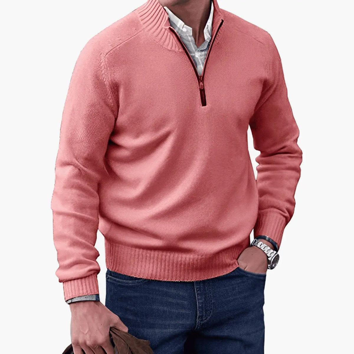 Jersey de punto para hombre con medio cierre, cuello de canalé
