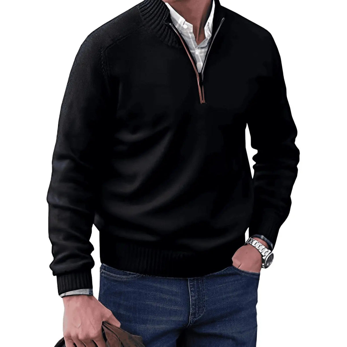 Jersey de punto para hombre con medio cierre, cuello de canalé