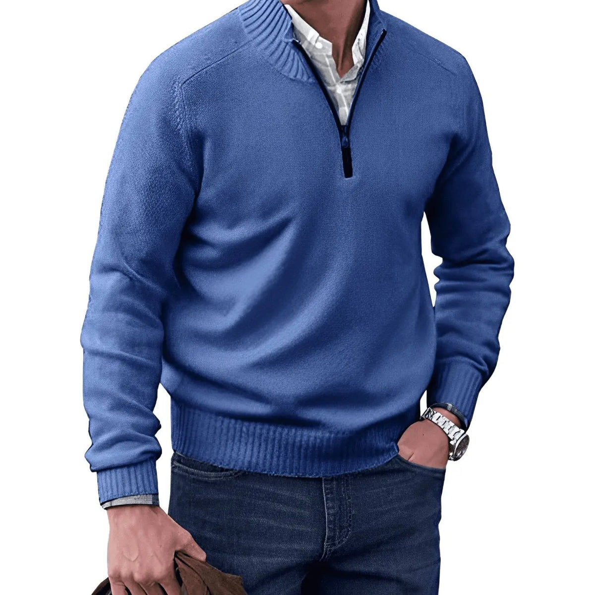 Jersey de punto para hombre con medio cierre, cuello de canalé