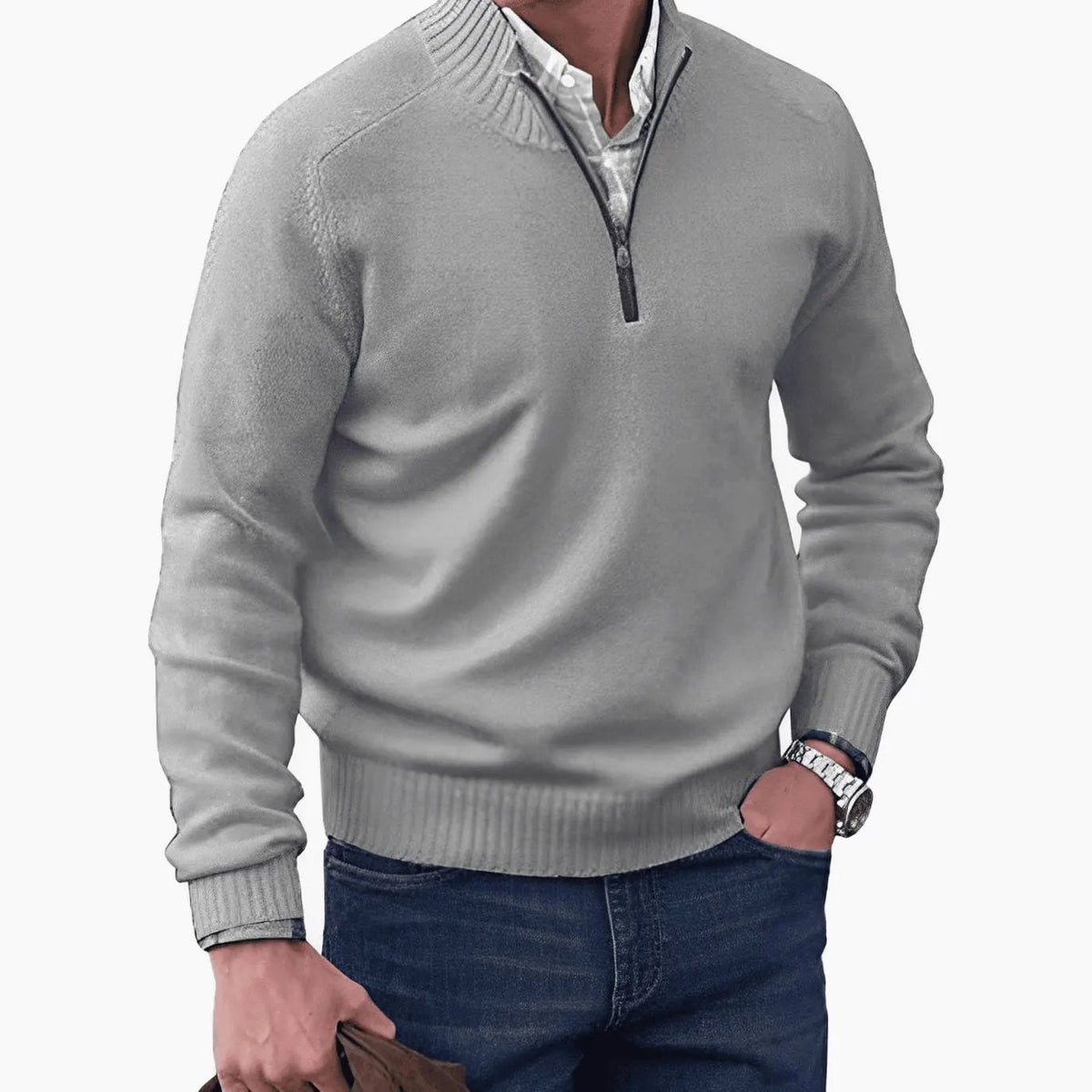 Jersey de punto para hombre con medio cierre, cuello de canalé