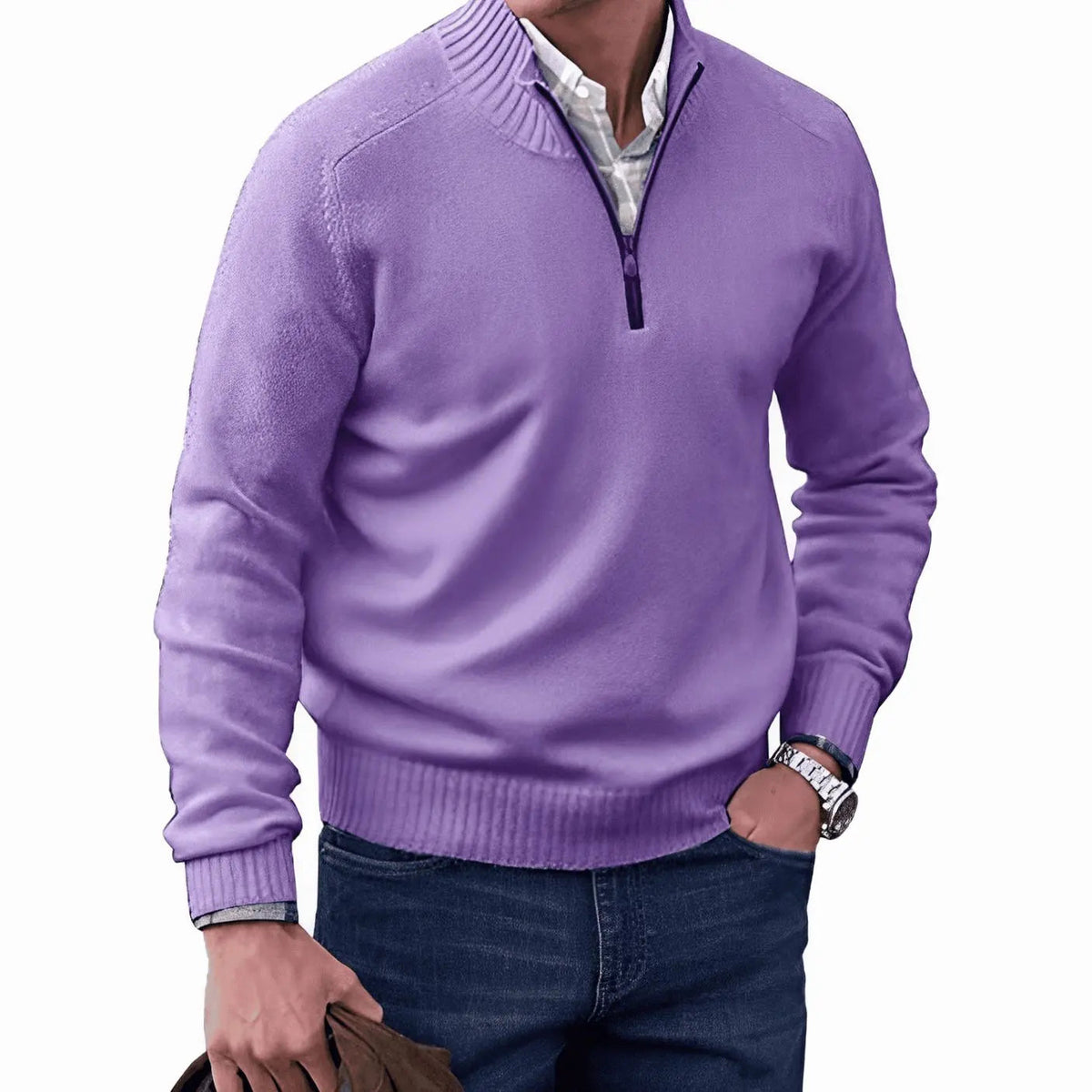 Jersey de punto para hombre con medio cierre, cuello de canalé