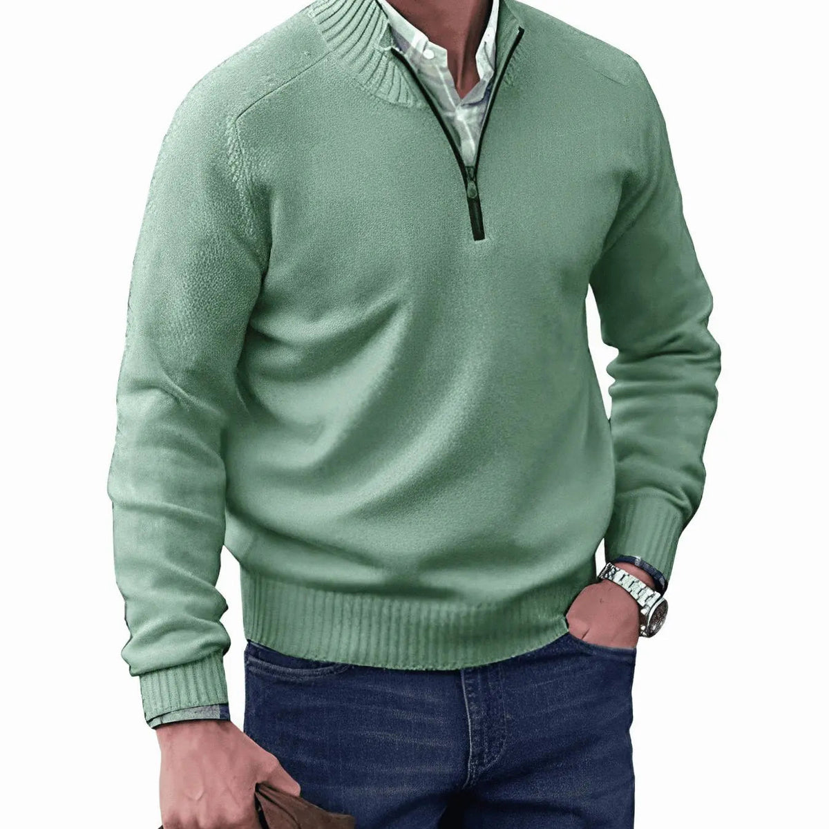 Jersey de punto para hombre con medio cierre, cuello de canalé