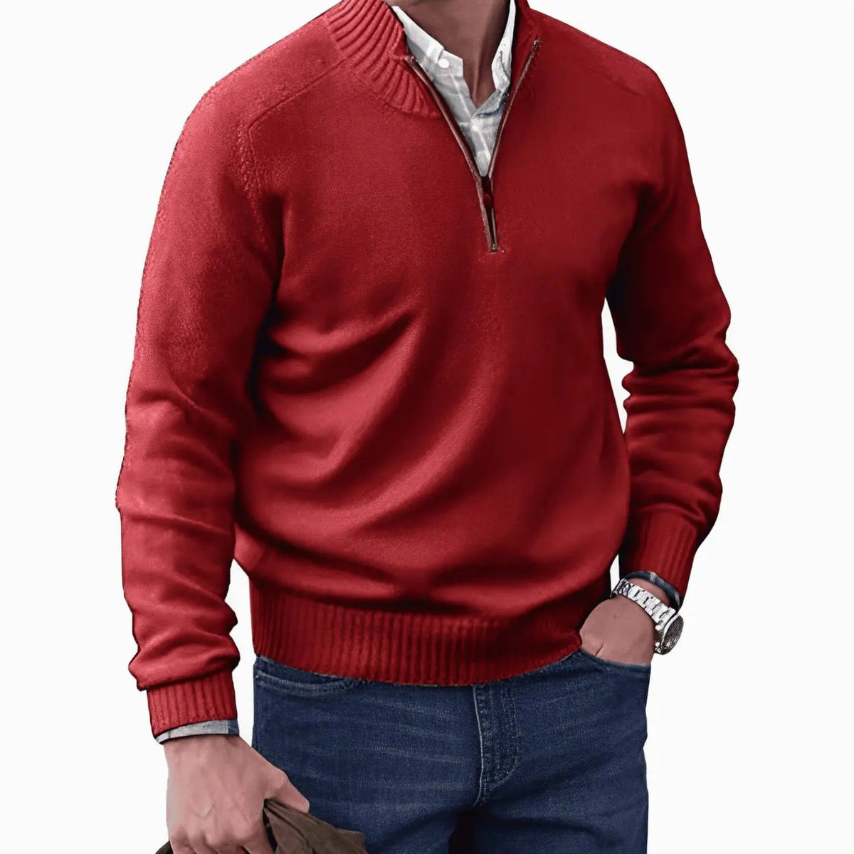 Jersey de punto para hombre con medio cierre, cuello de canalé