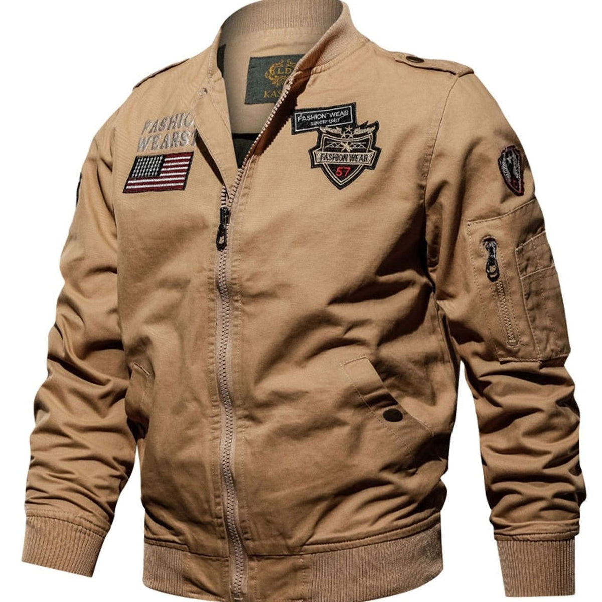 Chaqueta bomber para hombre, con parches militares y cremallera