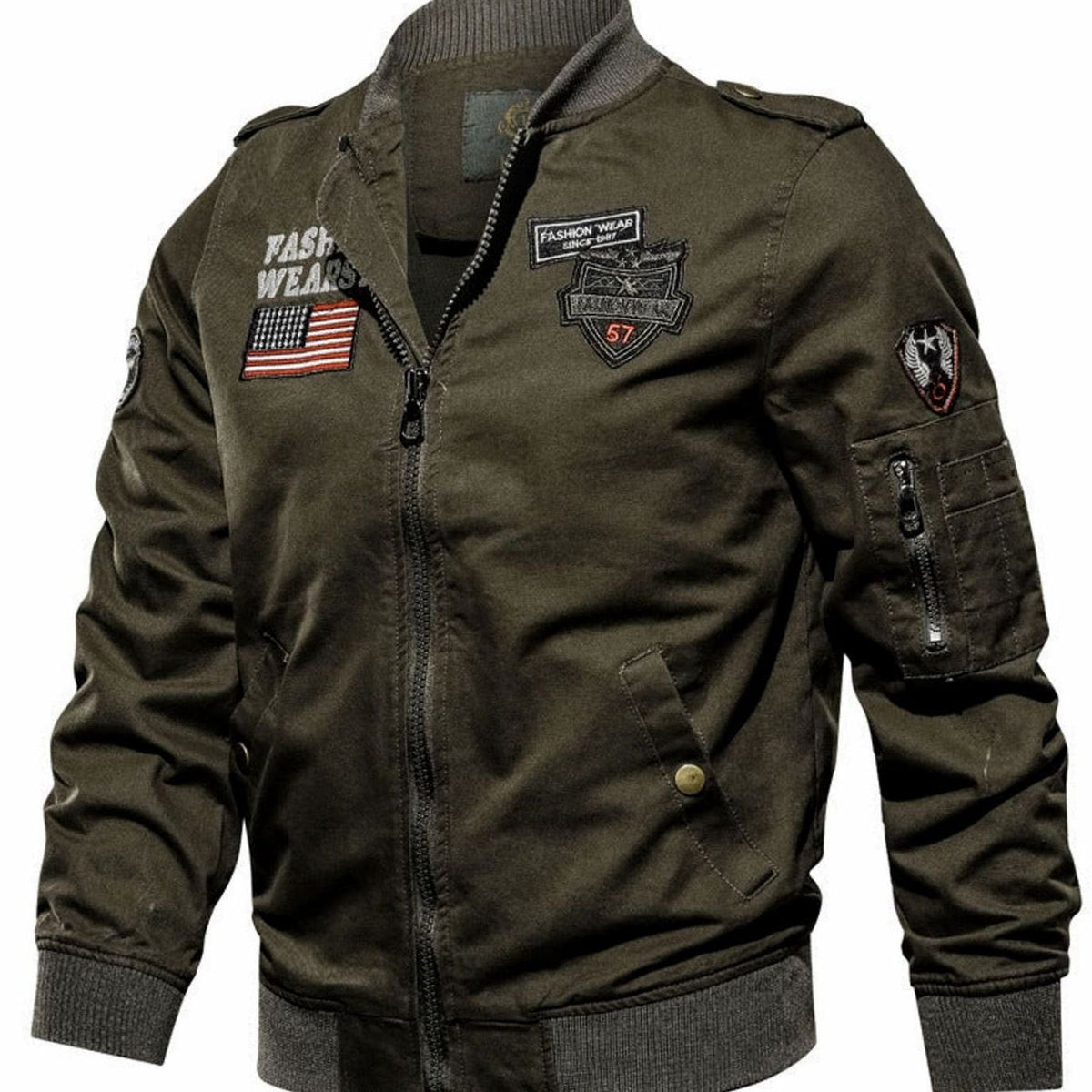 Chaqueta bomber para hombre, con parches militares y cremallera