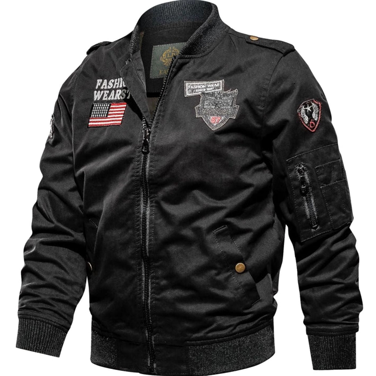 Chaqueta bomber para hombre, con parches militares y cremallera