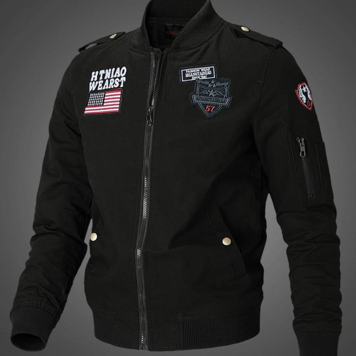 Chaqueta bomber para hombre, con parche militar y cremallera