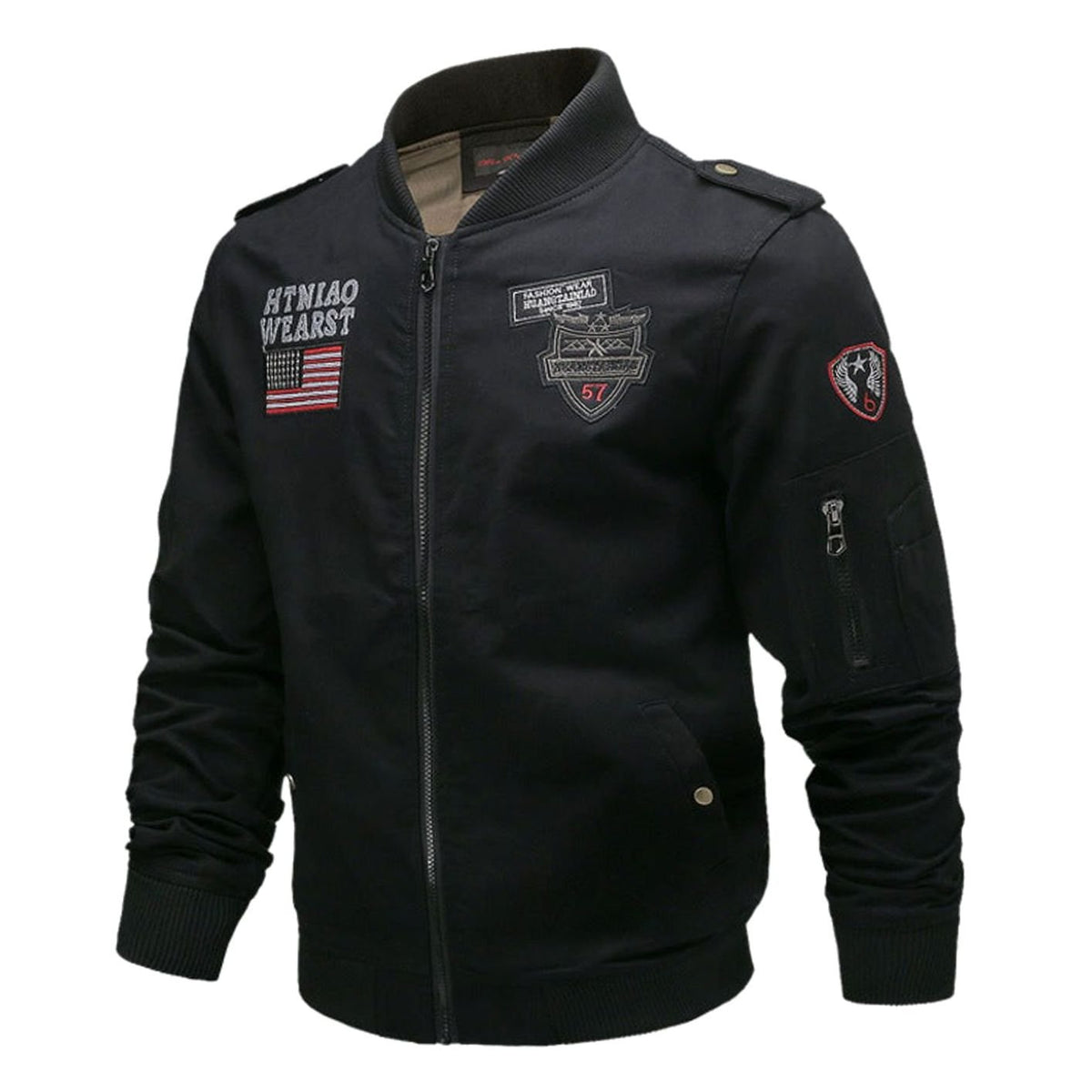 Chaqueta bomber para hombre, con parches militares y cremallera