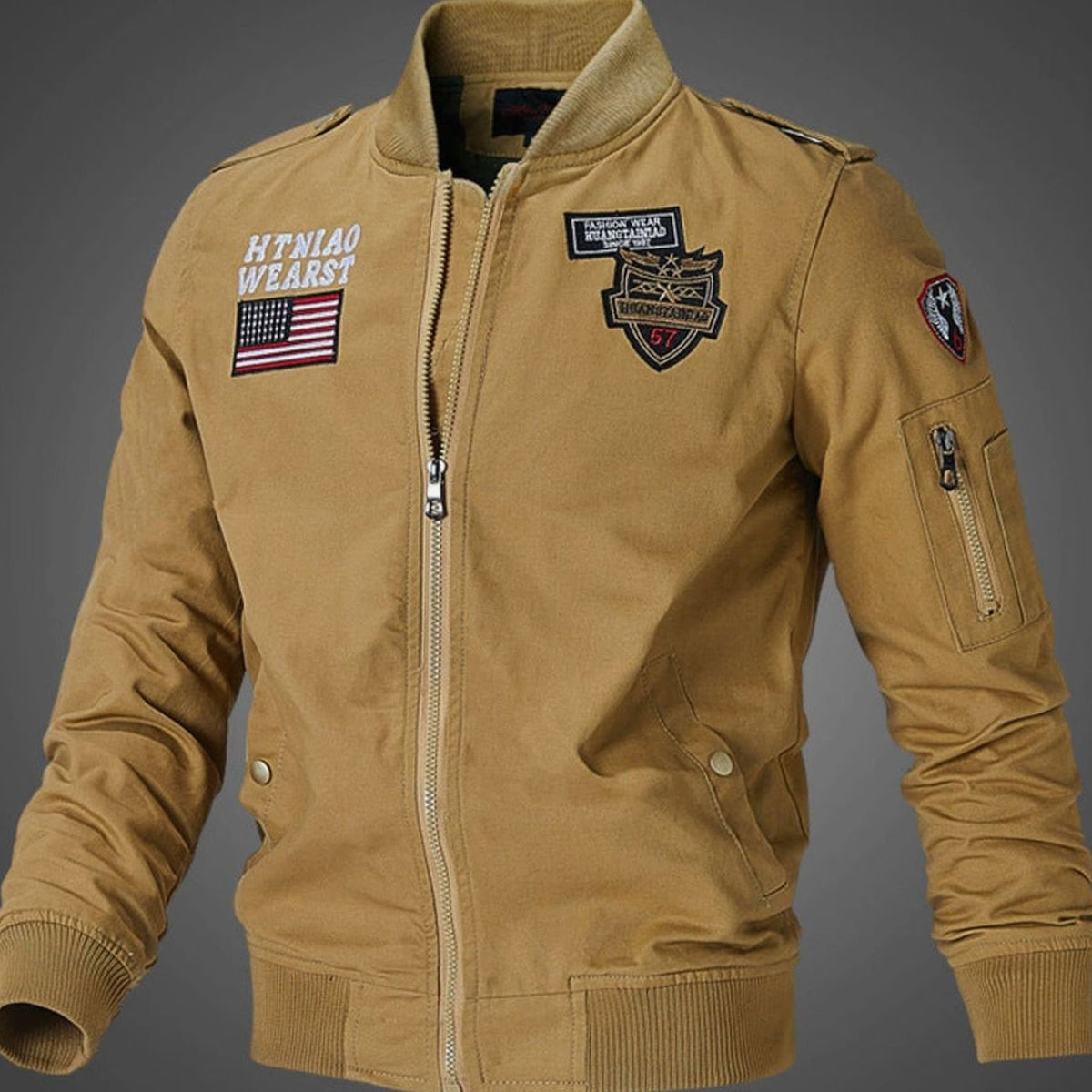 Chaqueta bomber para hombre, con parche militar y cremallera