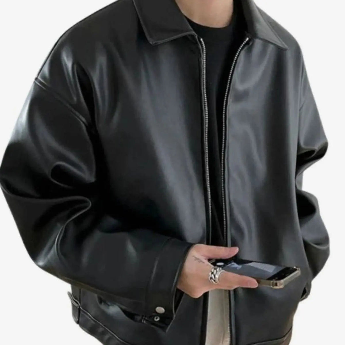 Chaqueta bomber de cuero sintético para hombre, de corte extragrande y con cremallera