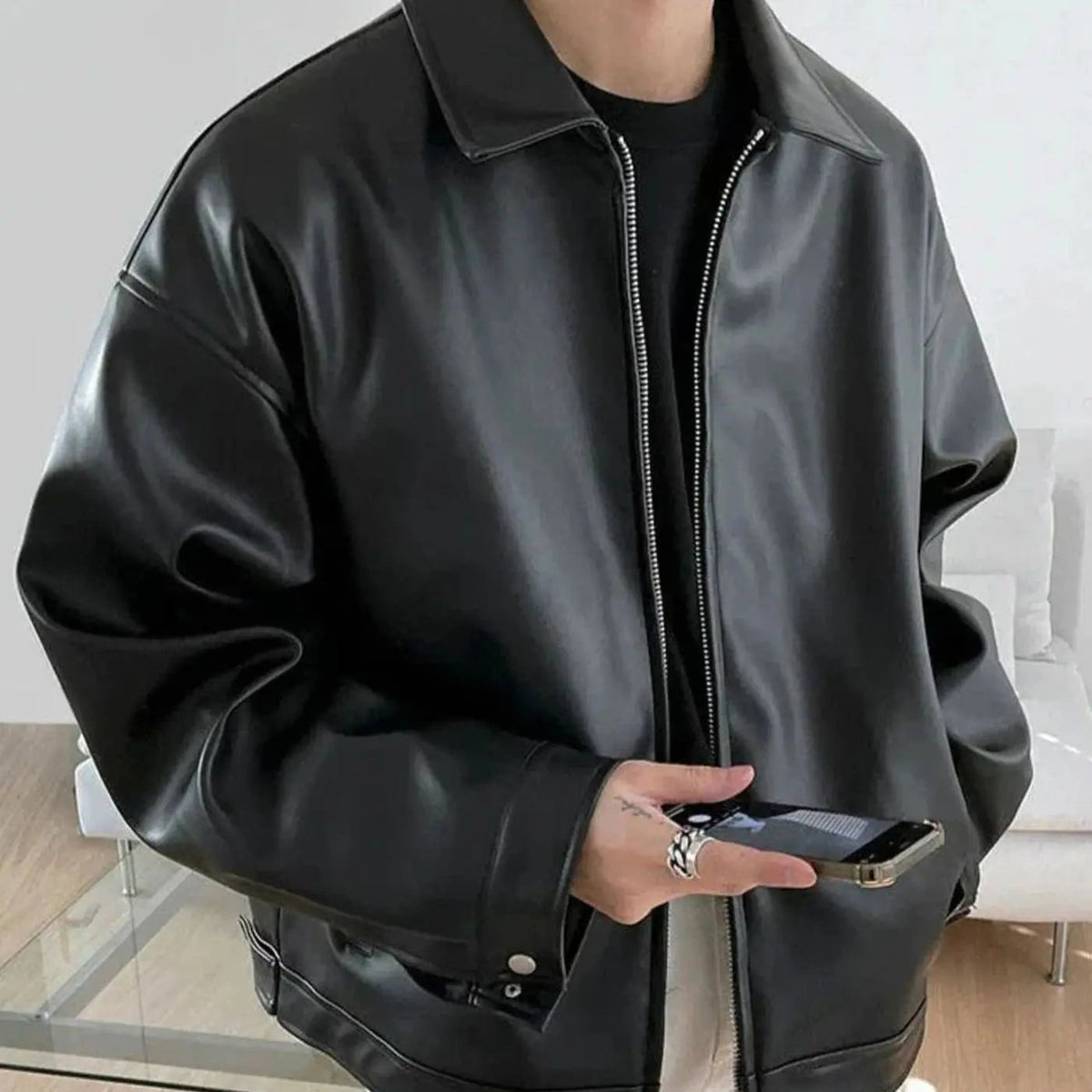 Chaqueta bomber de cuero sintético para hombre, de corte extragrande y con cremallera