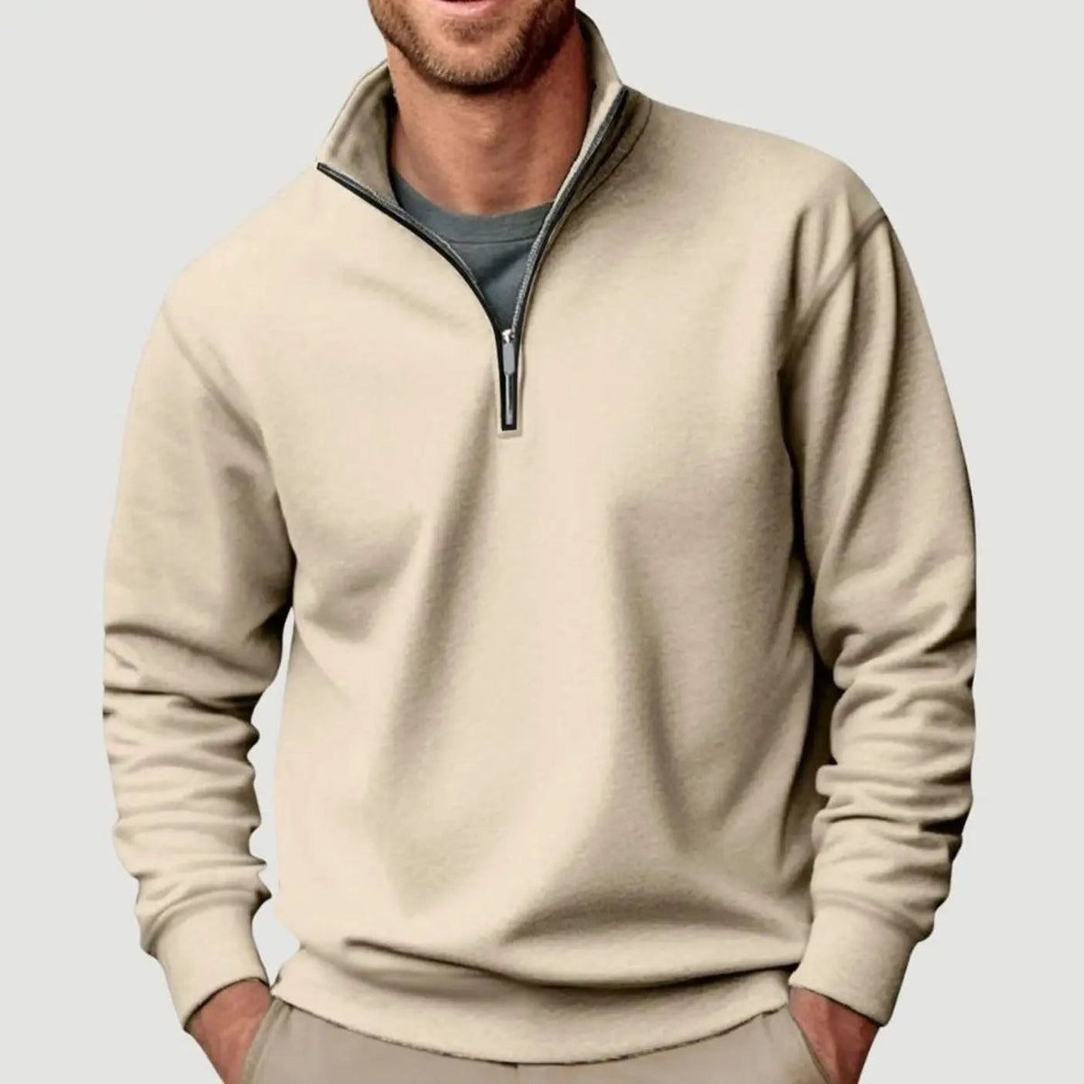 Sudadera de cuello alto para hombre, con cierre de un cuarto y cremallera, de corte holgado e informal