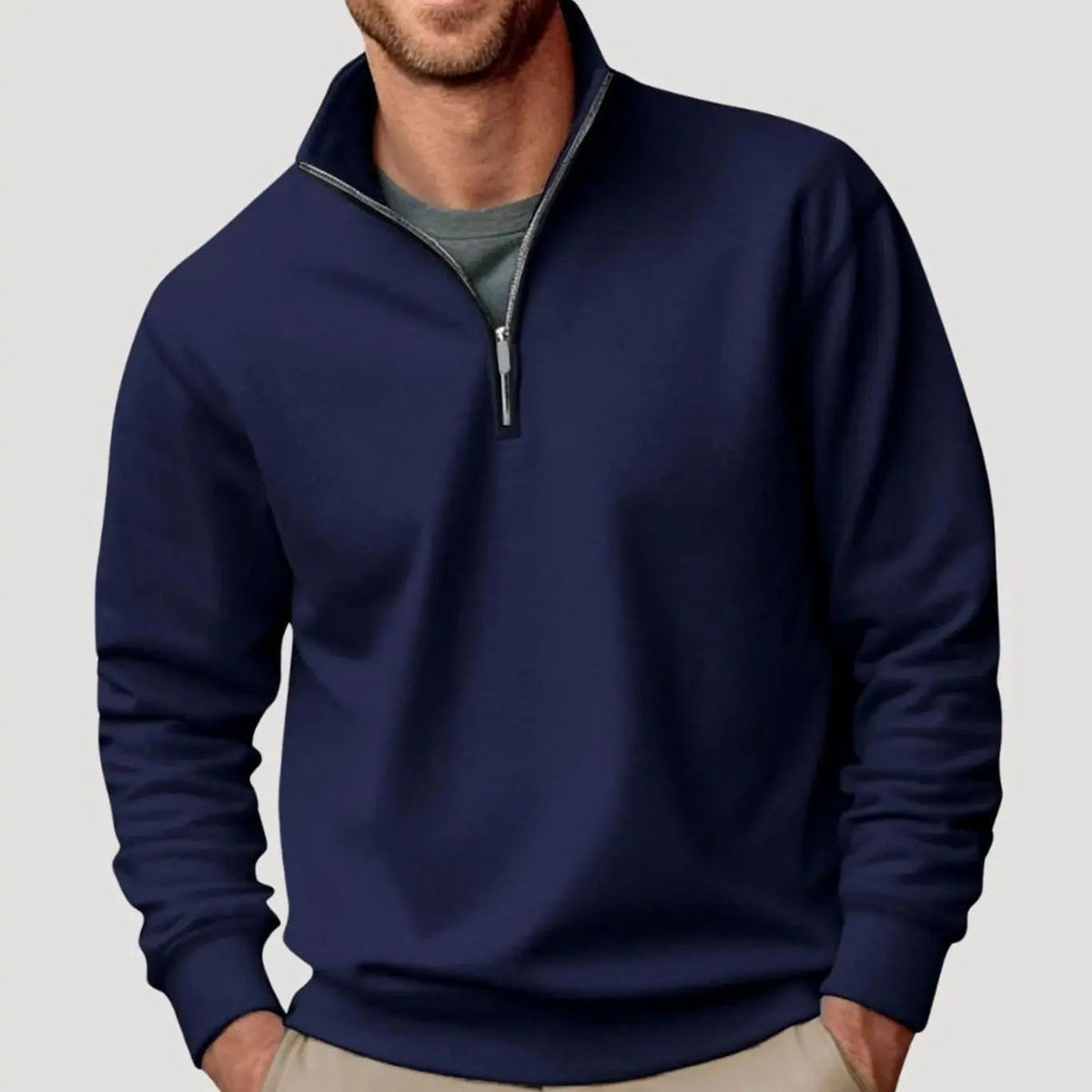 Sudadera de cuello alto para hombre, con cierre de un cuarto y cremallera, de corte holgado e informal