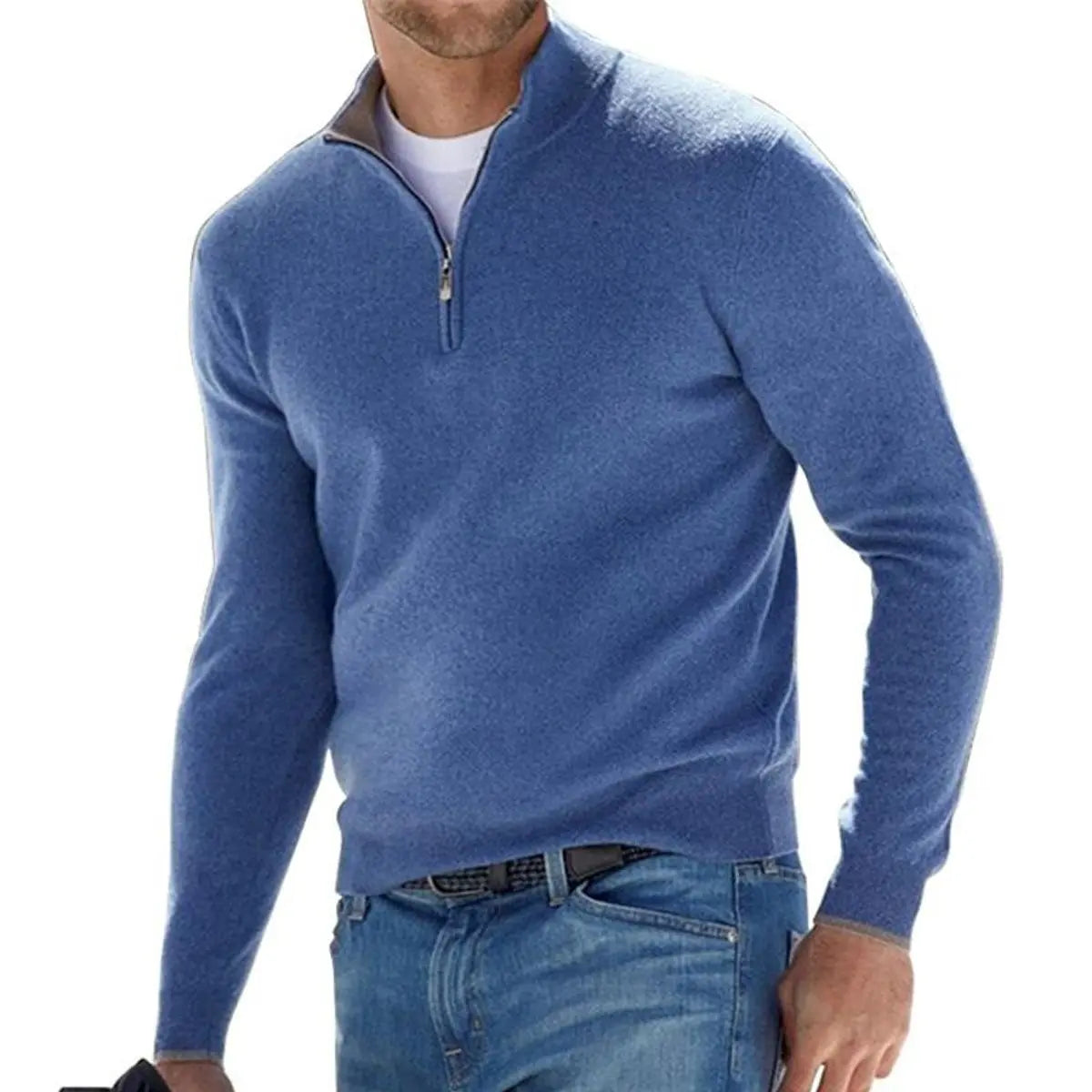 Jersey de punto acanalado para hombre, con cierre de medio cuarto y cremallera
