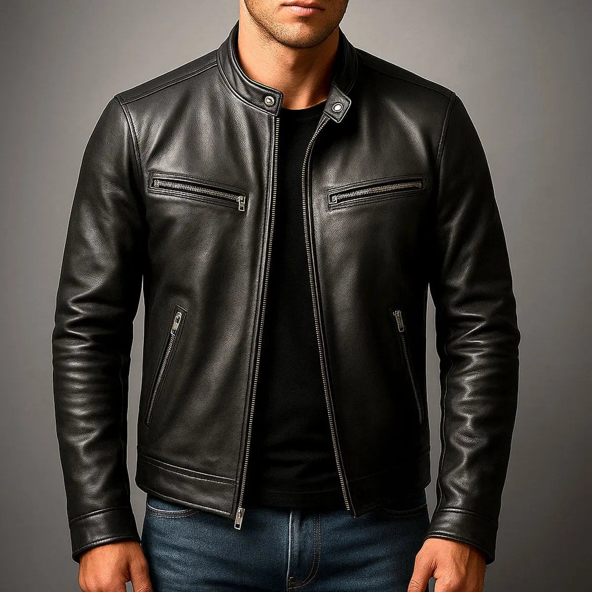 Chaqueta acolchada de estilo biker para hombre, con efecto de piel y cremallera