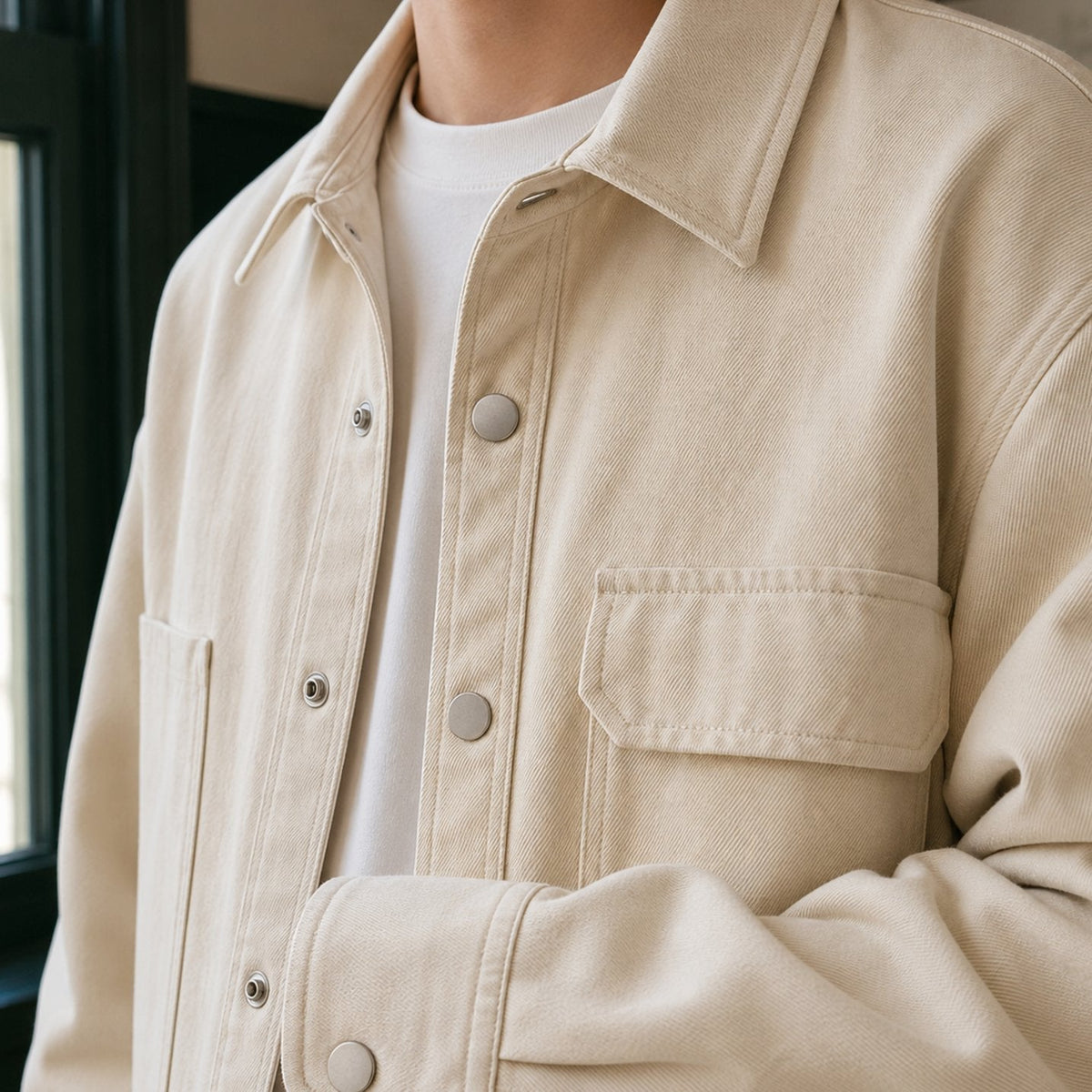 Chaqueta utilitaria de mezcla de algodón para hombre, de corte holgado y con botones a presión