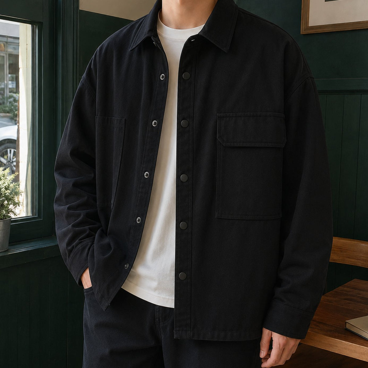 Chaqueta utilitaria de mezcla de algodón para hombre, de corte holgado y con botones a presión