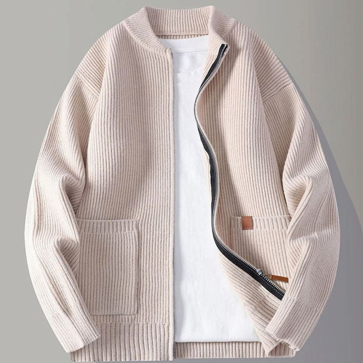 Chaqueta de punto acanalado para hombre, con cremallera completa y bolsillos delanteros
