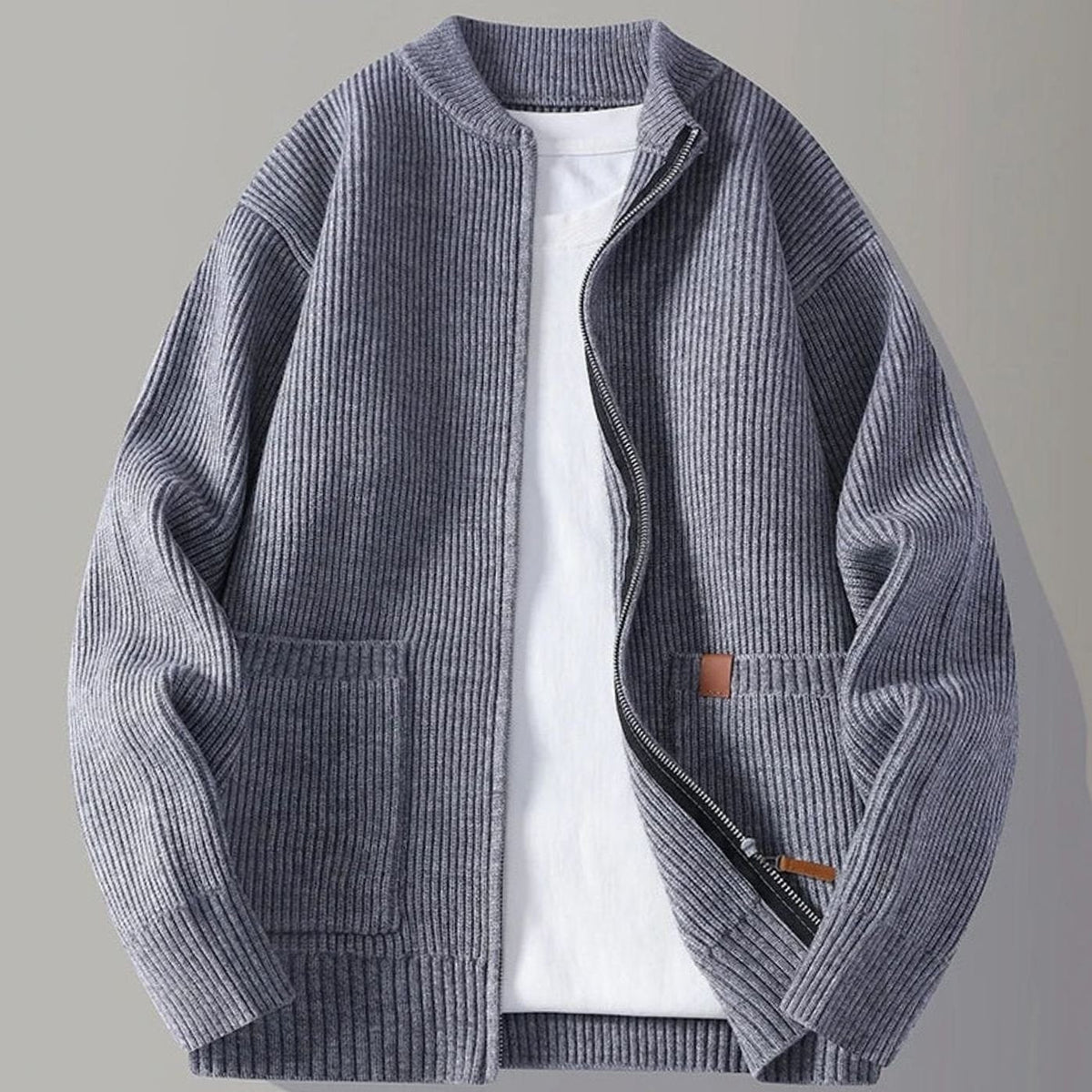 Chaqueta de punto acanalado para hombre, con cremallera completa y bolsillos delanteros