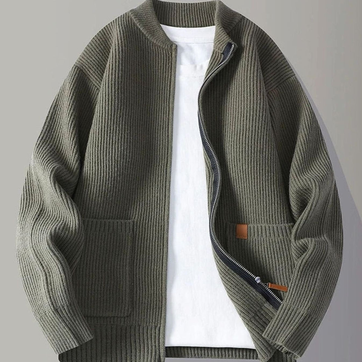 Chaqueta de punto acanalado para hombre, con cremallera completa y bolsillos delanteros
