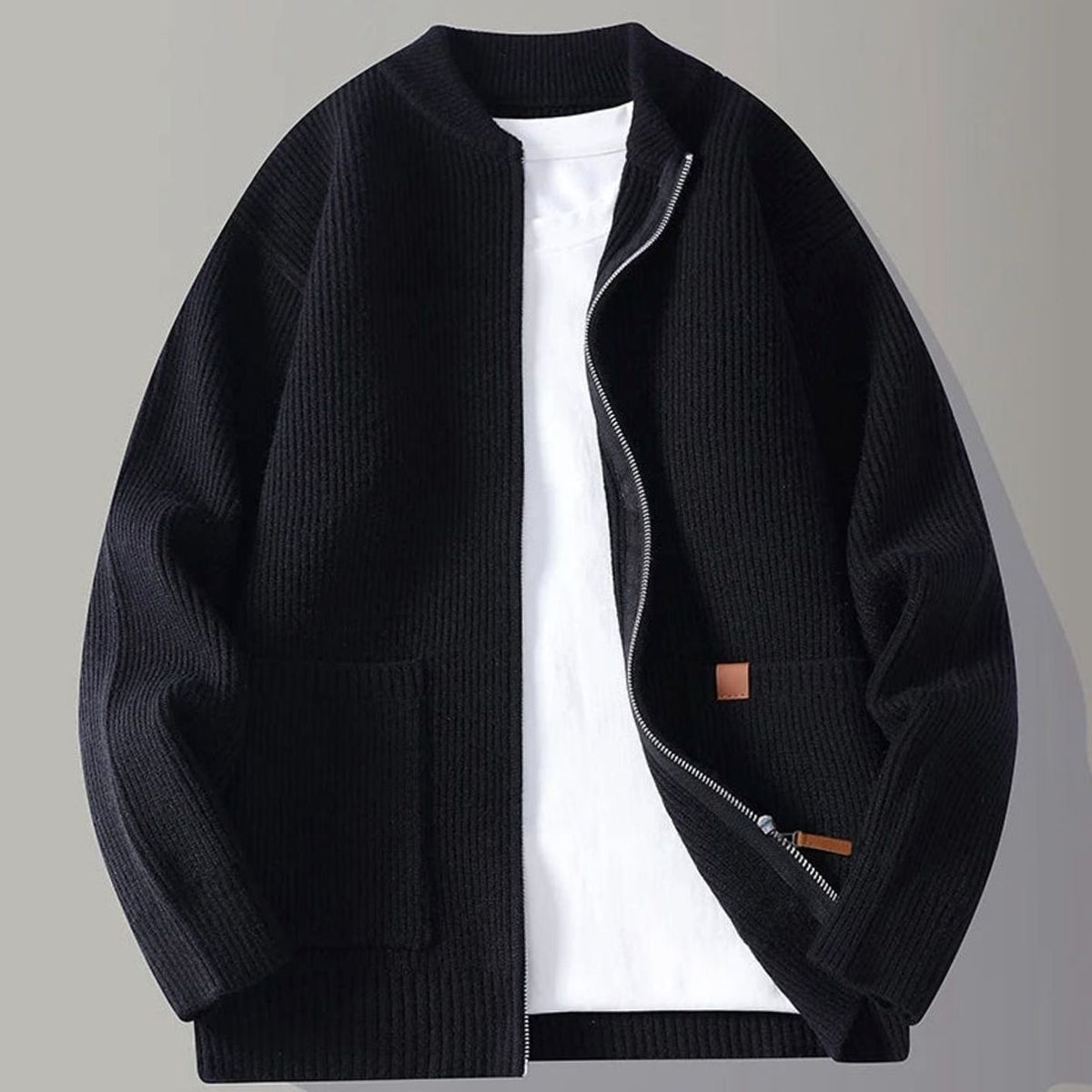 Chaqueta de punto acanalado para hombre, con cremallera completa y bolsillos delanteros