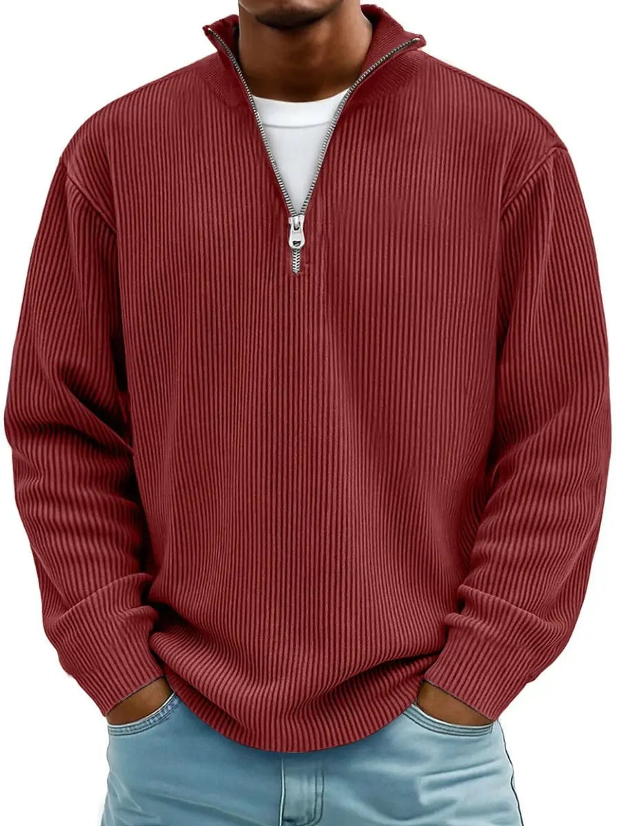 Jersey de punto acanalado para hombre, con cierre de un cuarto y cremallera