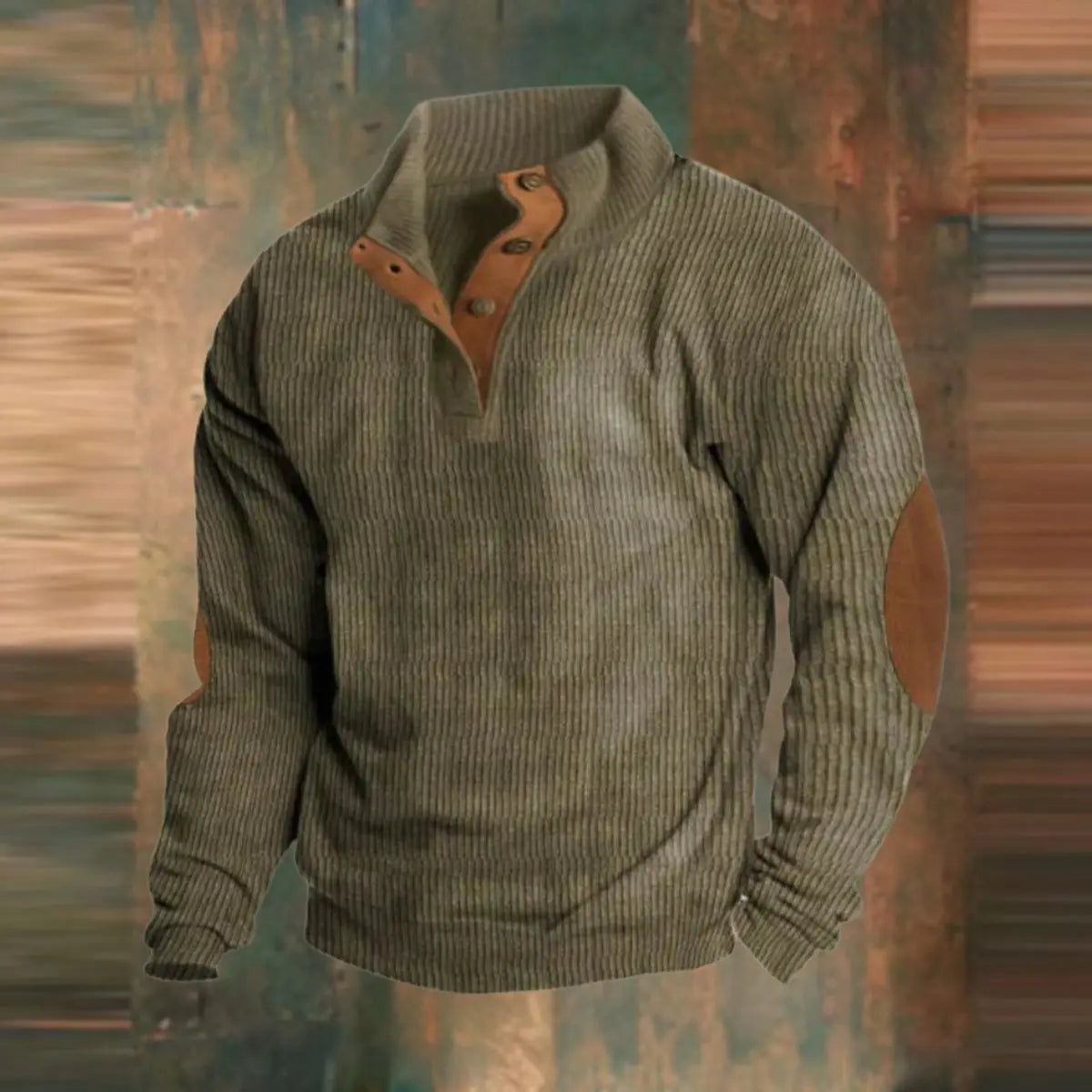 Jersey de punto acanalado para hombre, con estampado retro, cierre de un cuarto con botones a presión y parche en el codo
