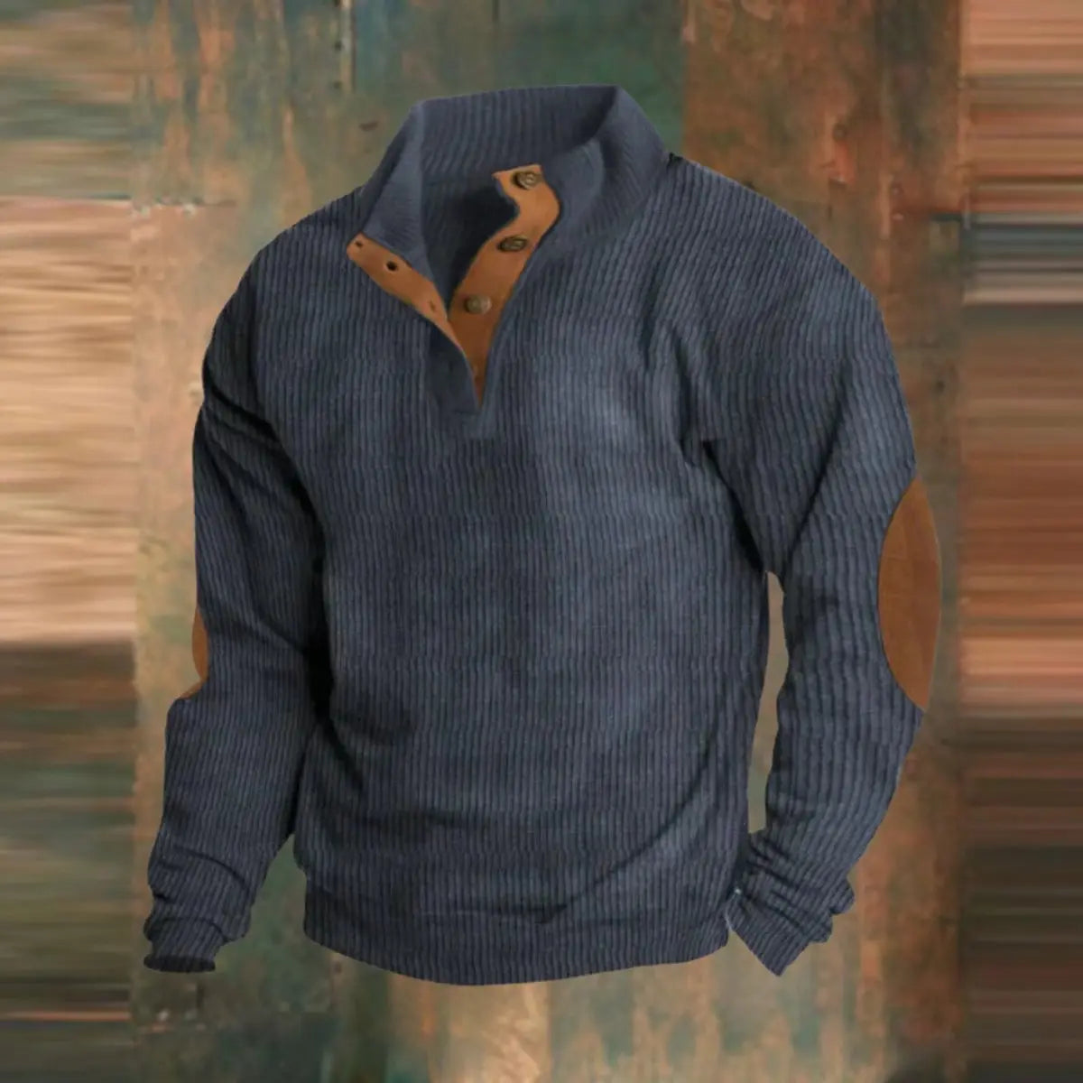 Jersey de punto acanalado para hombre, con estampado retro, cierre de un cuarto con botones a presión y parche en el codo