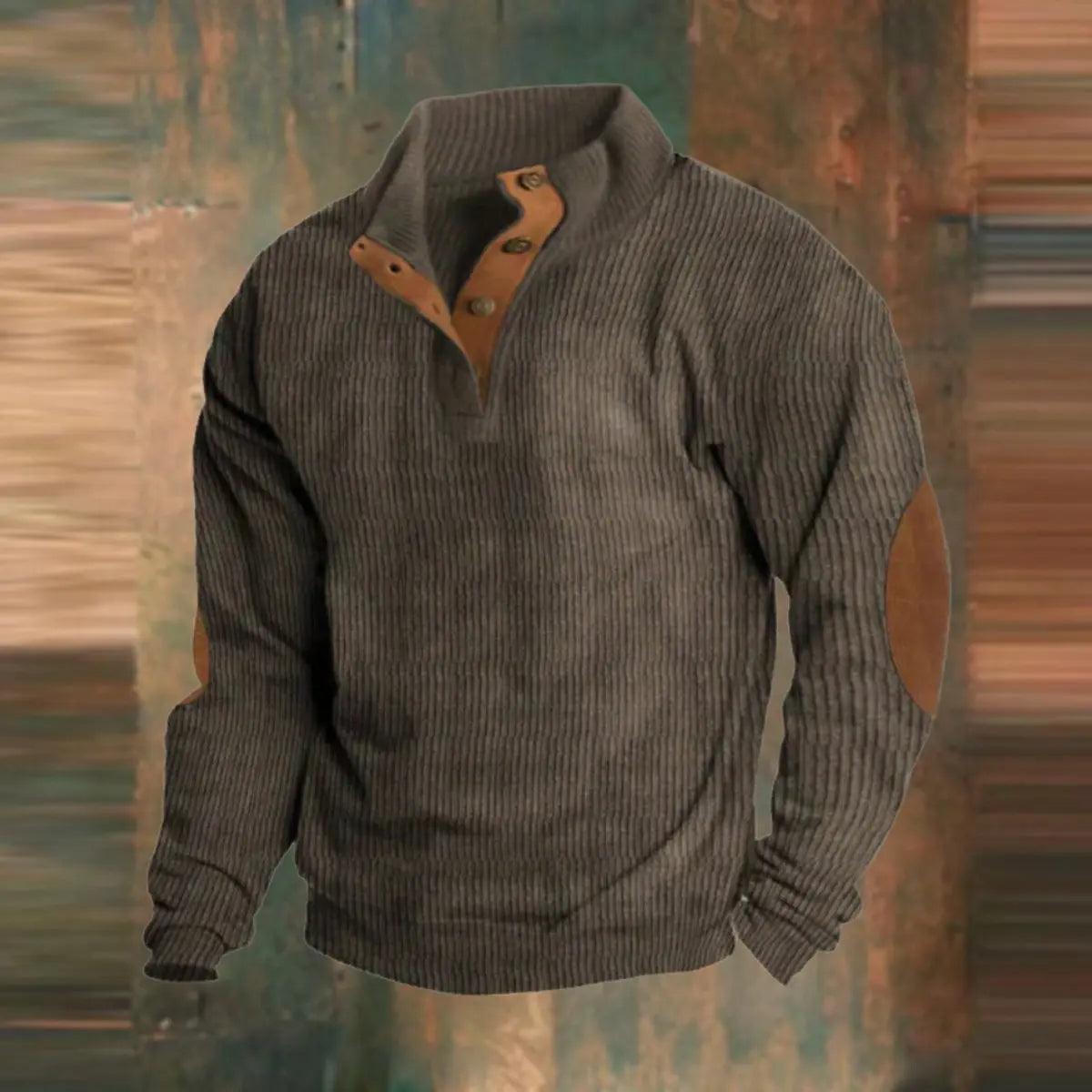 Jersey de punto acanalado para hombre, con estampado retro, cierre de un cuarto con botones a presión y parche en el codo