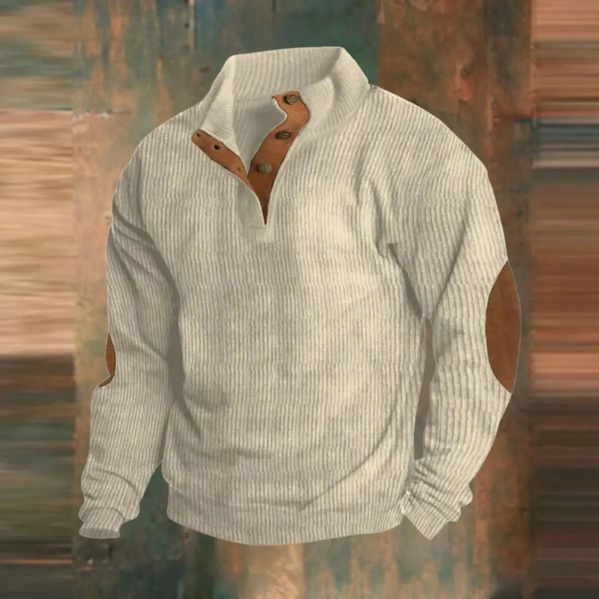 Jersey de punto acanalado para hombre, con estampado retro, cierre de un cuarto con botones a presión y parche en el codo