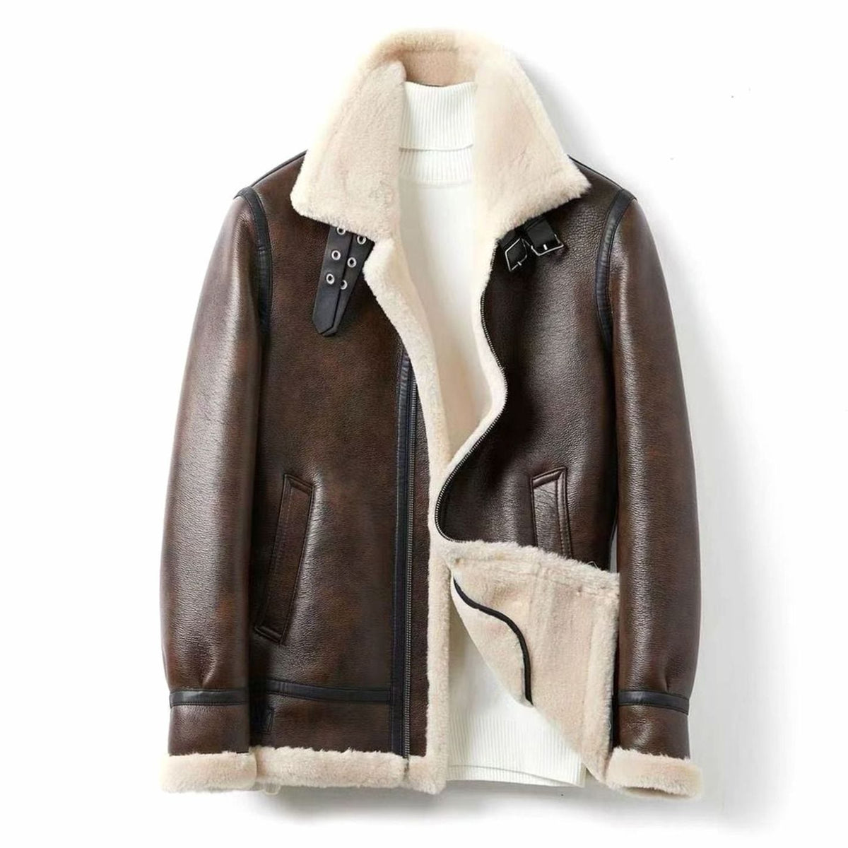 Chaqueta de aviador con acabado de cuero para hombre, forrada de borreguito