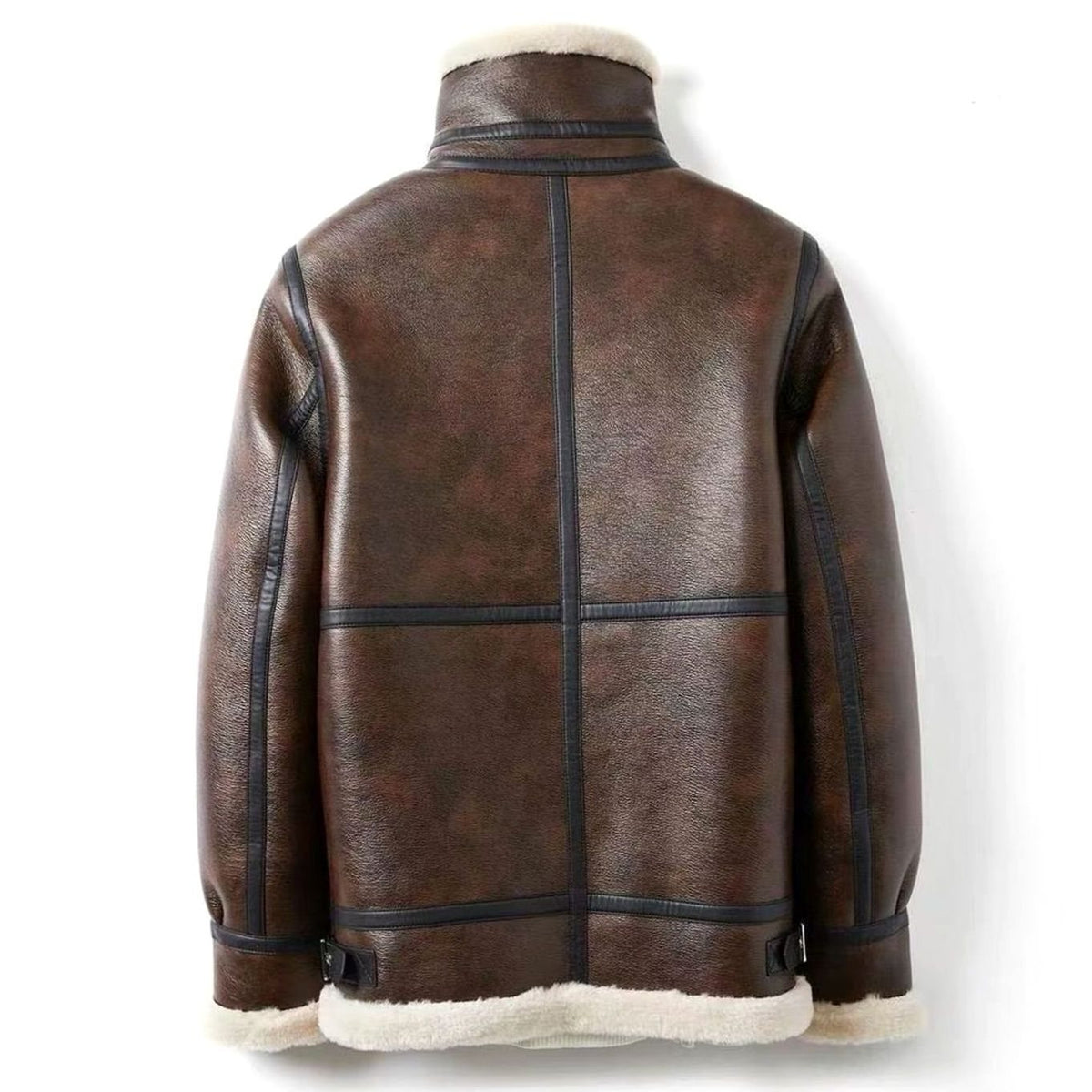 Chaqueta de aviador con acabado de cuero para hombre, forrada de borreguito