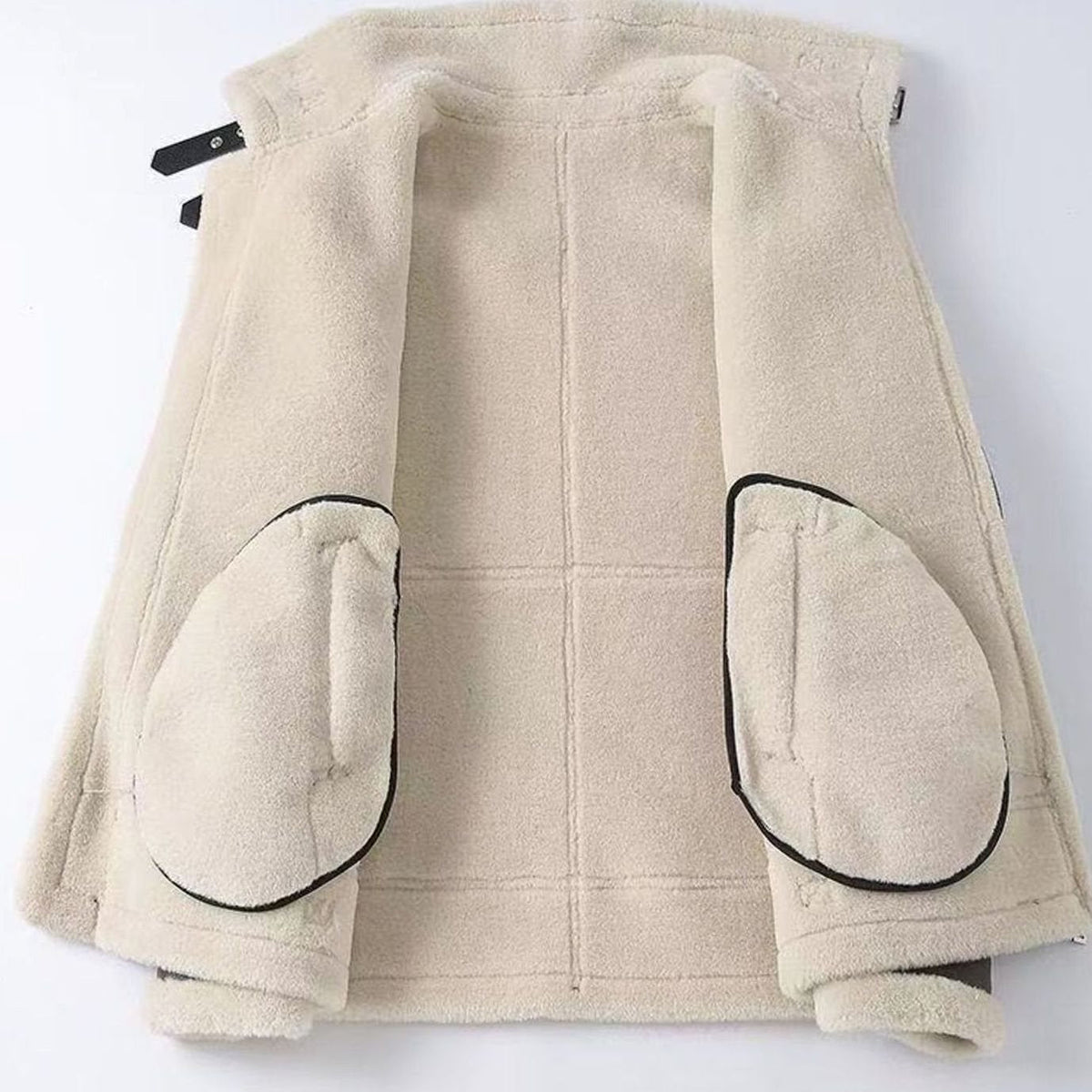 Chaqueta de aviador con acabado de cuero para hombre, forrada de borreguito