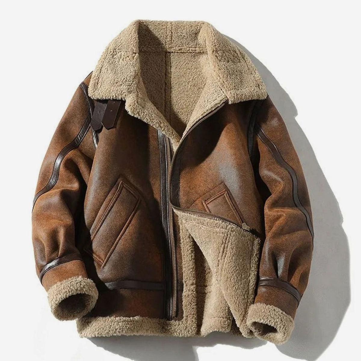 Chaqueta bomber de aviador de ante para hombre, forrada de borreguito