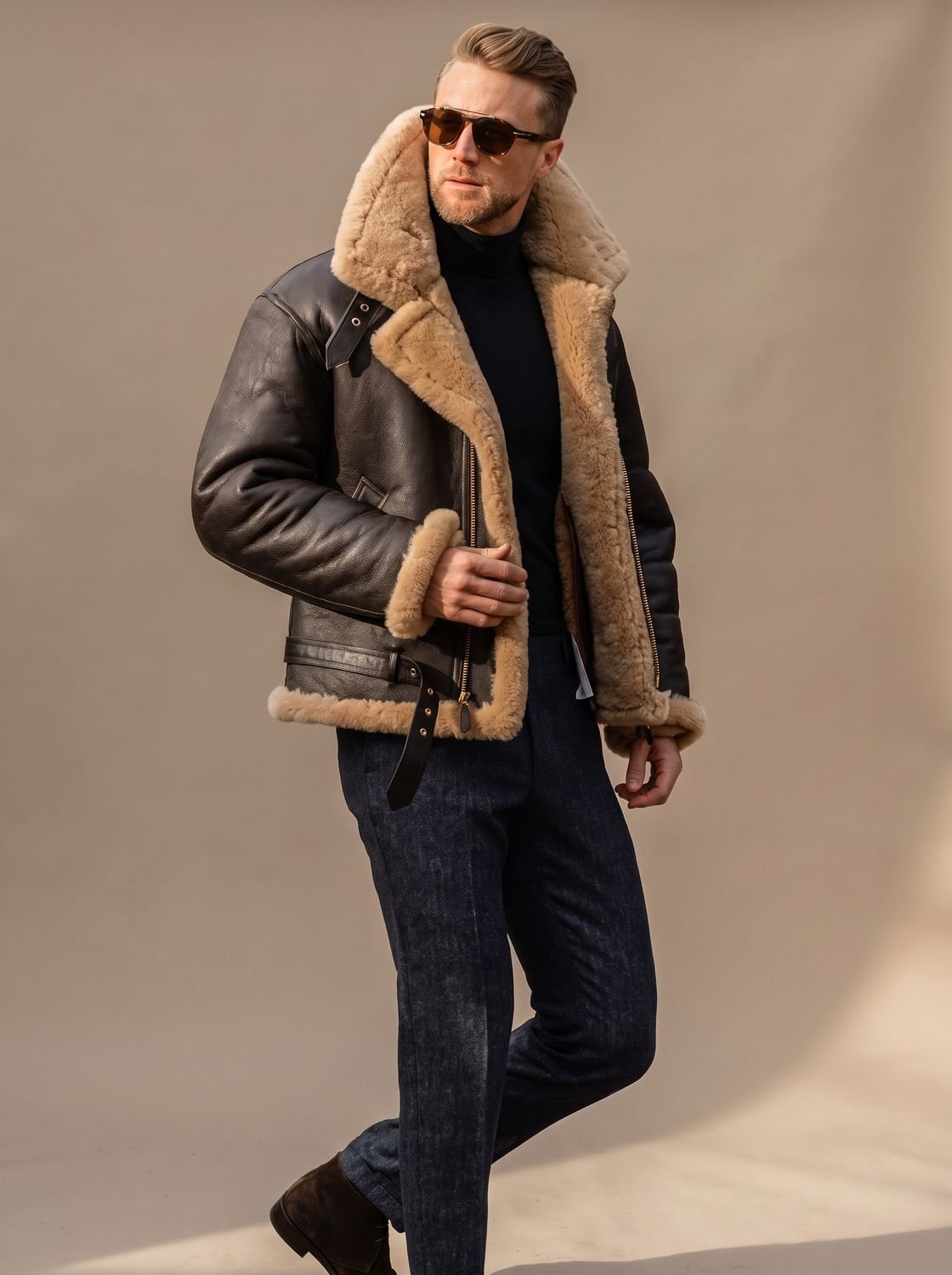 Archie | Chaqueta bomber de cuero de piel de oveja para hombre, estilo aviador y cuello de borreguito